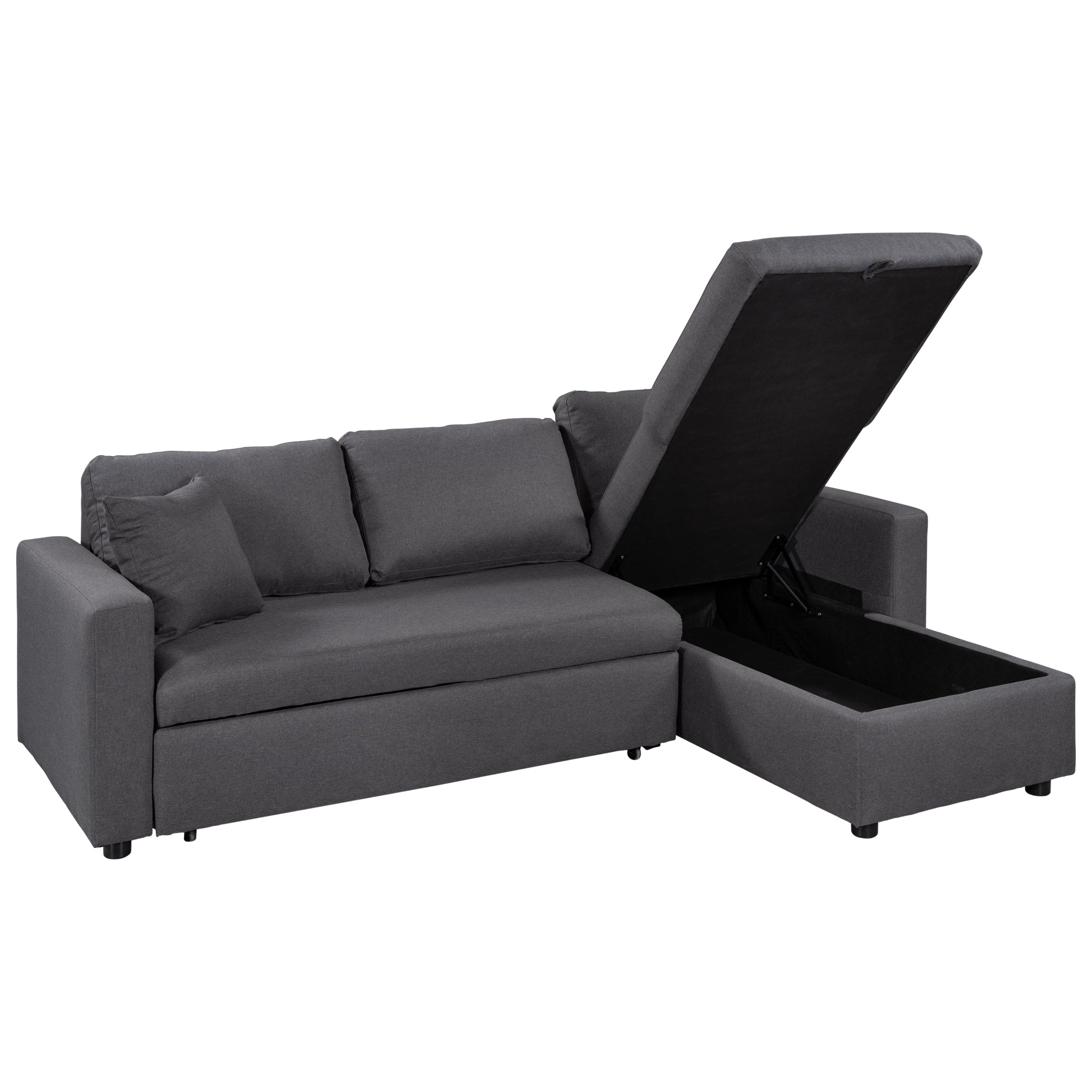 U_STYLE Upholstery Sleeper Sectional Sofa Grey with Storage Space, 2 Tossing Cushions - Atlantic Fine Furniture Inc