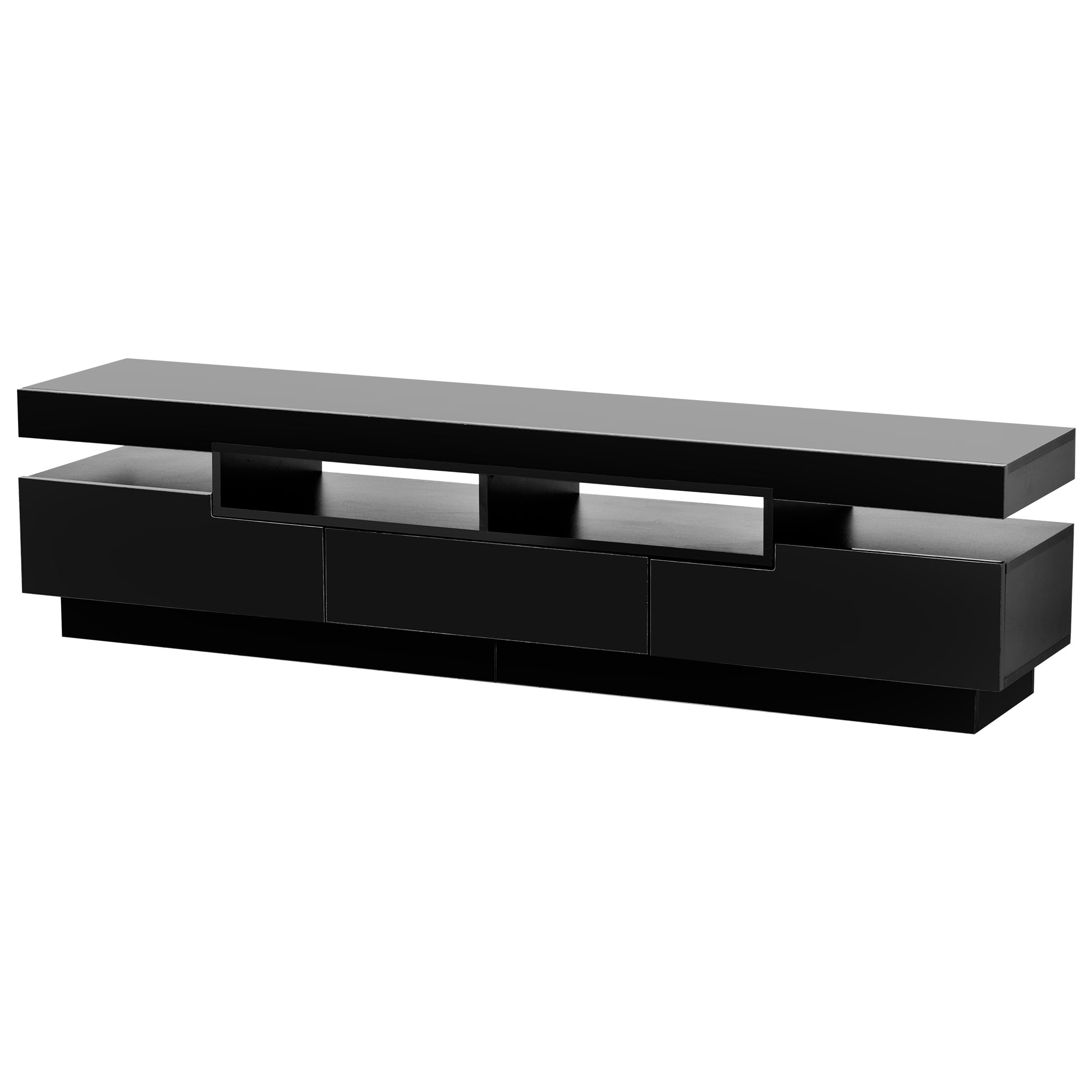 On-Trend TV Stand with 4 Open Shelves, Modern High Gloss Entertainment Center for 75 Inch TV, Universal TV Storage Cabinet with 16-color RGB LED Color Changing Lights, Black - Atlantic Fine Furniture Inc