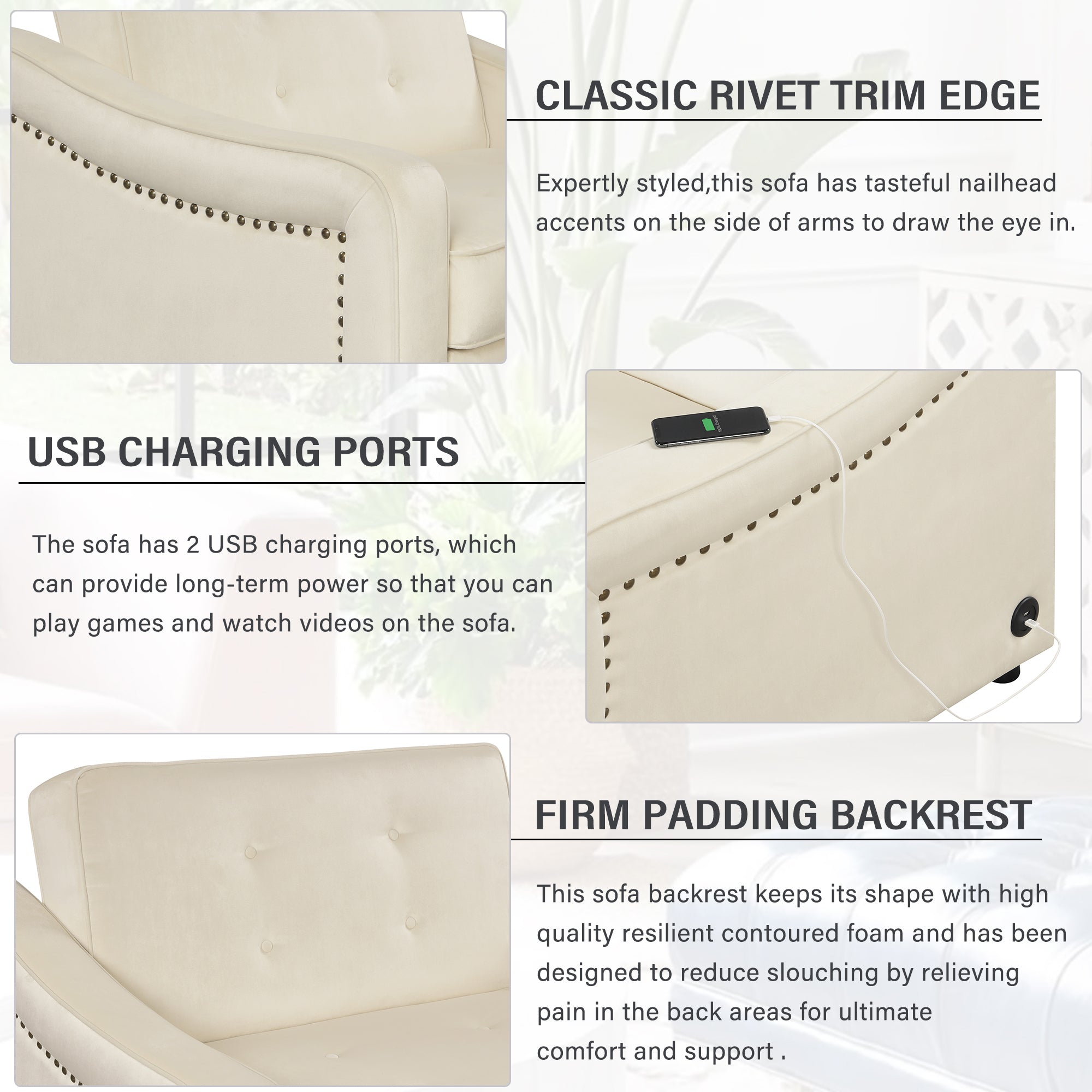 Orisfur. 50.6" Convertible Sleeper Bed, Adjustable Sofa Couch with Dual USB Ports for Living Room Space(Cream White) - Atlantic Fine Furniture Inc