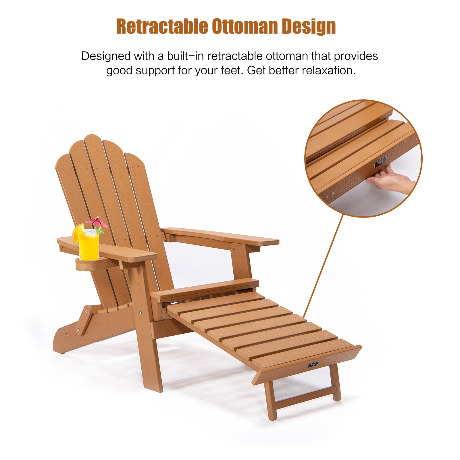 TALE Folding Adirondack Chair with Pullout Ottoman with Cup Holder, Oversized, Poly Lumber, for Patio Deck Garden, Backyard Furniture, Easy to Install,BROWN. Banned from selling on Amazon - Atlantic Fine Furniture Inc