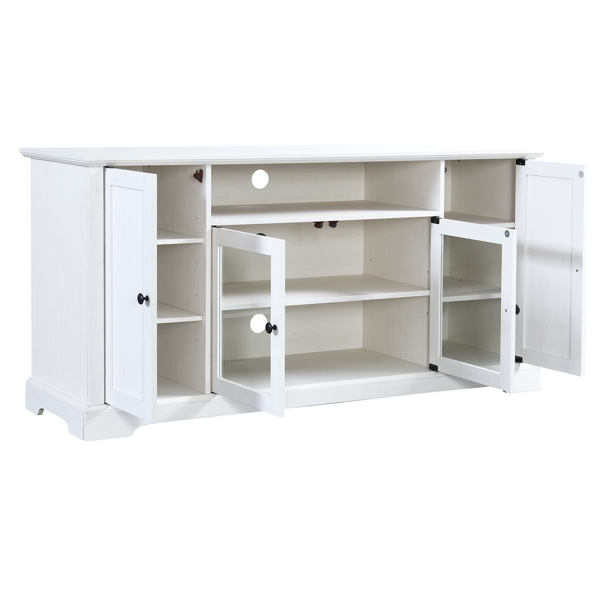 U-Can TV Stand for TV up to 65in with 2 Tempered Glass Doors Adjustable Panels Open Style Cabinet, Sideboard for Living room, White - Atlantic Fine Furniture Inc