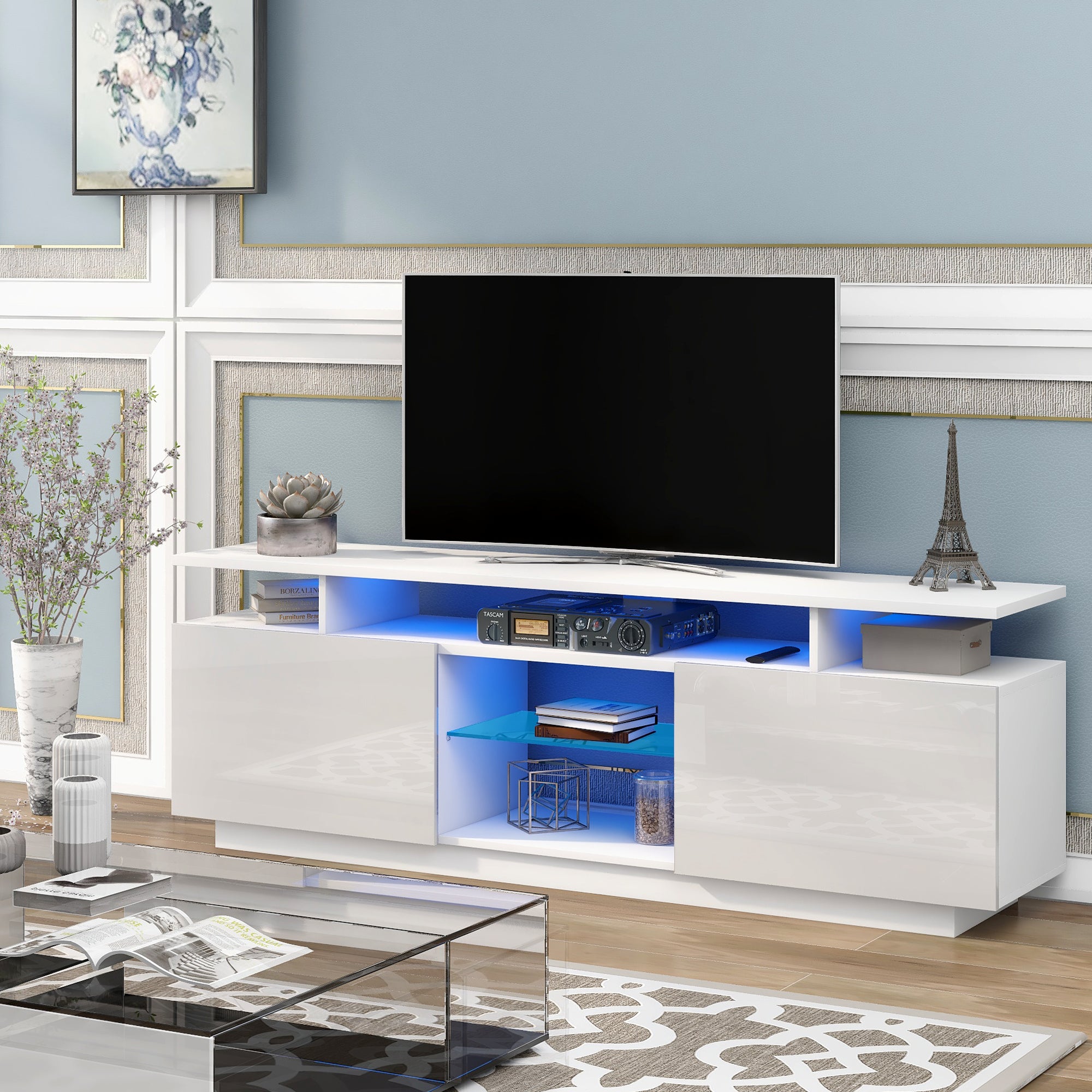 ON-TREND Modern TV Stand for TVs up to 65inches with LED lights, 16 Colors, for Livingroom, Bedroom, White (OLD SKU: WF280706AAK) - Atlantic Fine Furniture Inc