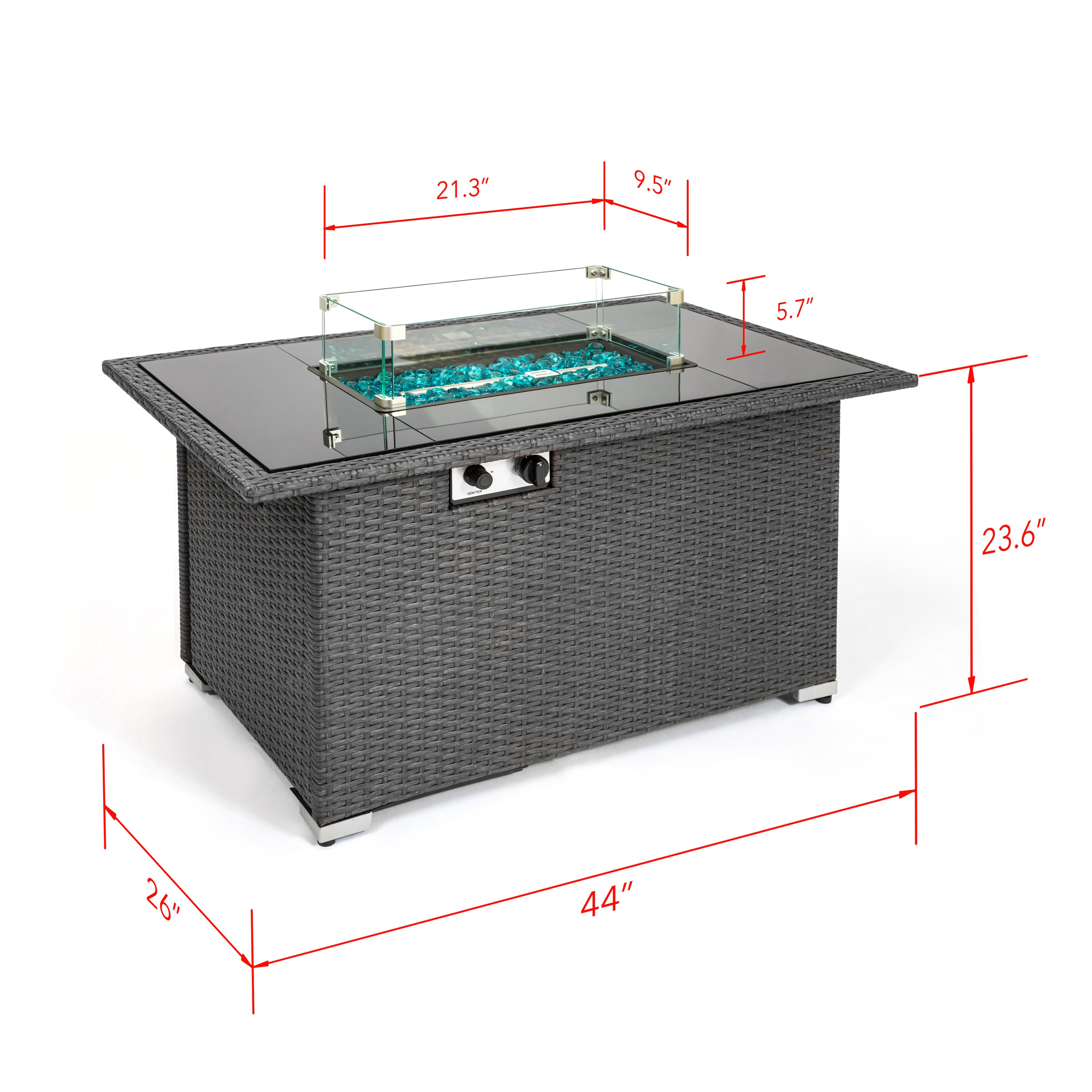 Outdoor 44" Gas Propane Fire pit Table Rectangle 50,000 BTU with 8mm Tempered Glass Tabletop & Blue Stone& Steel table lid &Table waterproof dusty Cover ,ETL Certification (Grey) - Atlantic Fine Furniture Inc