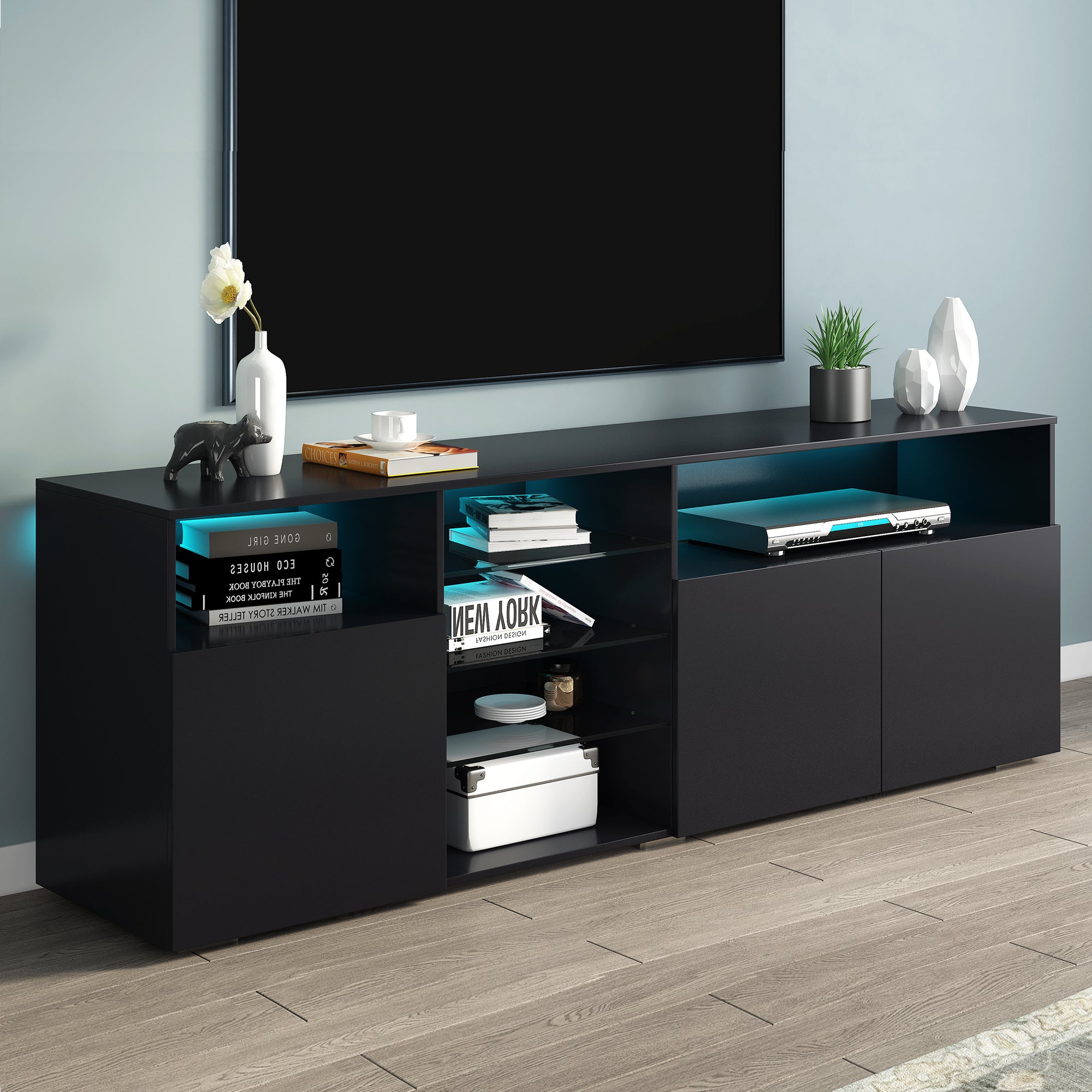 U-Can Modern, Stylish Functional TV stand with Color Changing LED Lights, Universal Entertainment Center, High Gloss TV Cabinet for 70+ inch TV, Black - Atlantic Fine Furniture Inc