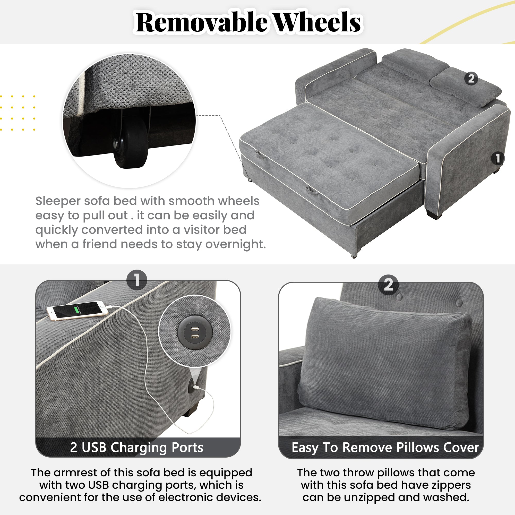 Linen Upholstered Sleeper Bed , Pull Out Sofa Bed Couch attached two throw pillows,Dual USB Charging Port and Adjustable Backrest for Living Room Space,Gray - Atlantic Fine Furniture Inc