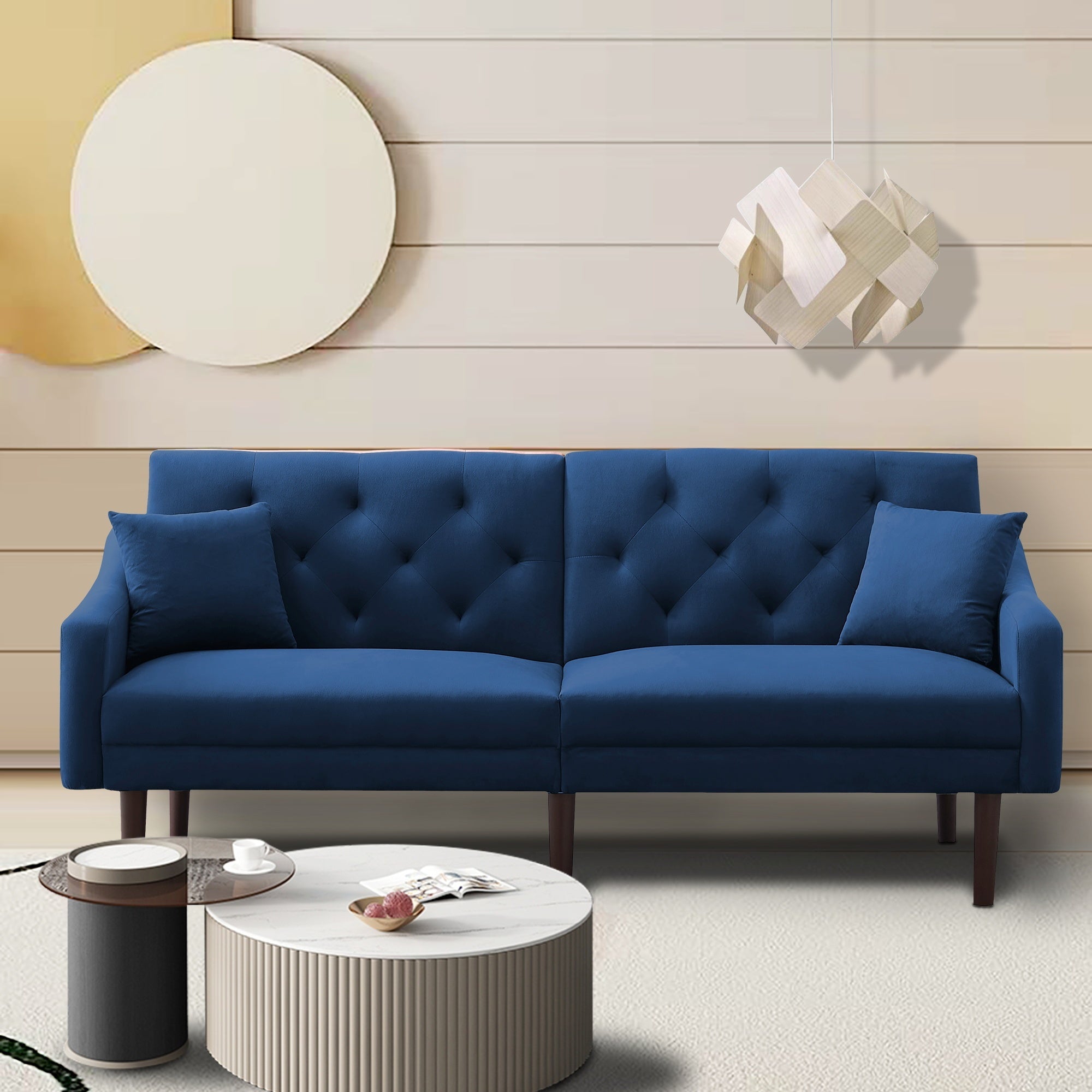 FUTON SOFA SLEEPER BLUE VELVET WITH 2 PILLOWS(same as W223S01366、W223S00358。Size difference, See Details in page.) ***Not available for sale on Walmart*** - Atlantic Fine Furniture Inc