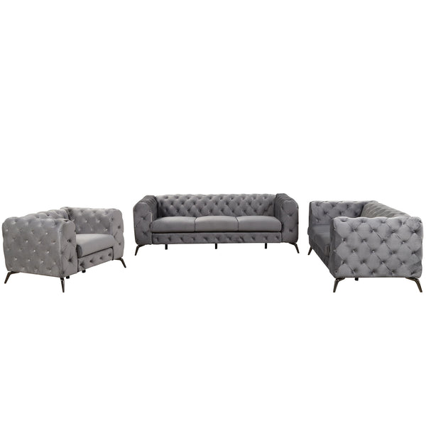 Modern 3 Piece Sofa Sets With Sturdy Metal Legs, Velvet Upholstered Couches Sets Including Three Seat Sofa, Loveseat And Single Chair For Living Room Furniture Set, Gray