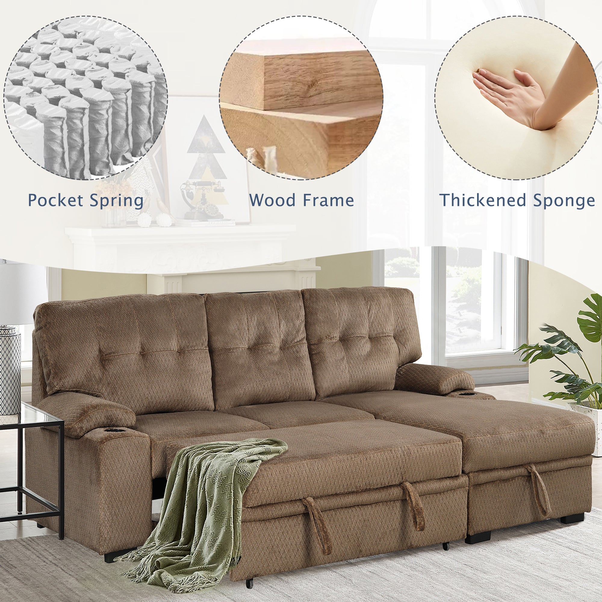 Orisfur. Modern Padded Upholstered Sofa Bed Sleeper Sectional Sofa with Storage Chaise and Cup Holder for Living Room Furniture Set - Atlantic Fine Furniture Inc