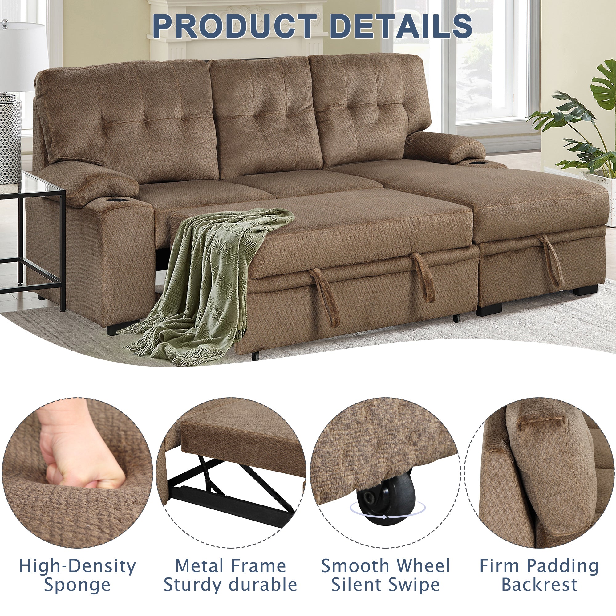 Orisfur. Modern Padded Upholstered Sofa Bed Sleeper Sectional Sofa with Storage Chaise and Cup Holder for Living Room Furniture Set - Atlantic Fine Furniture Inc