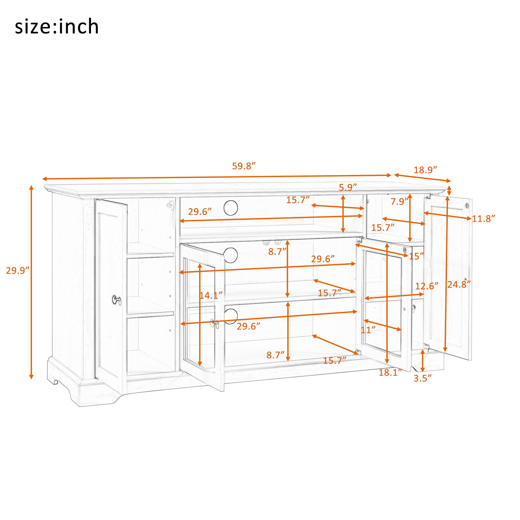 U-Can TV Stand for TV up to 65in with 2 Tempered Glass Doors Adjustable Panels Open Style Cabinet, Sideboard for Living room, White - Atlantic Fine Furniture Inc