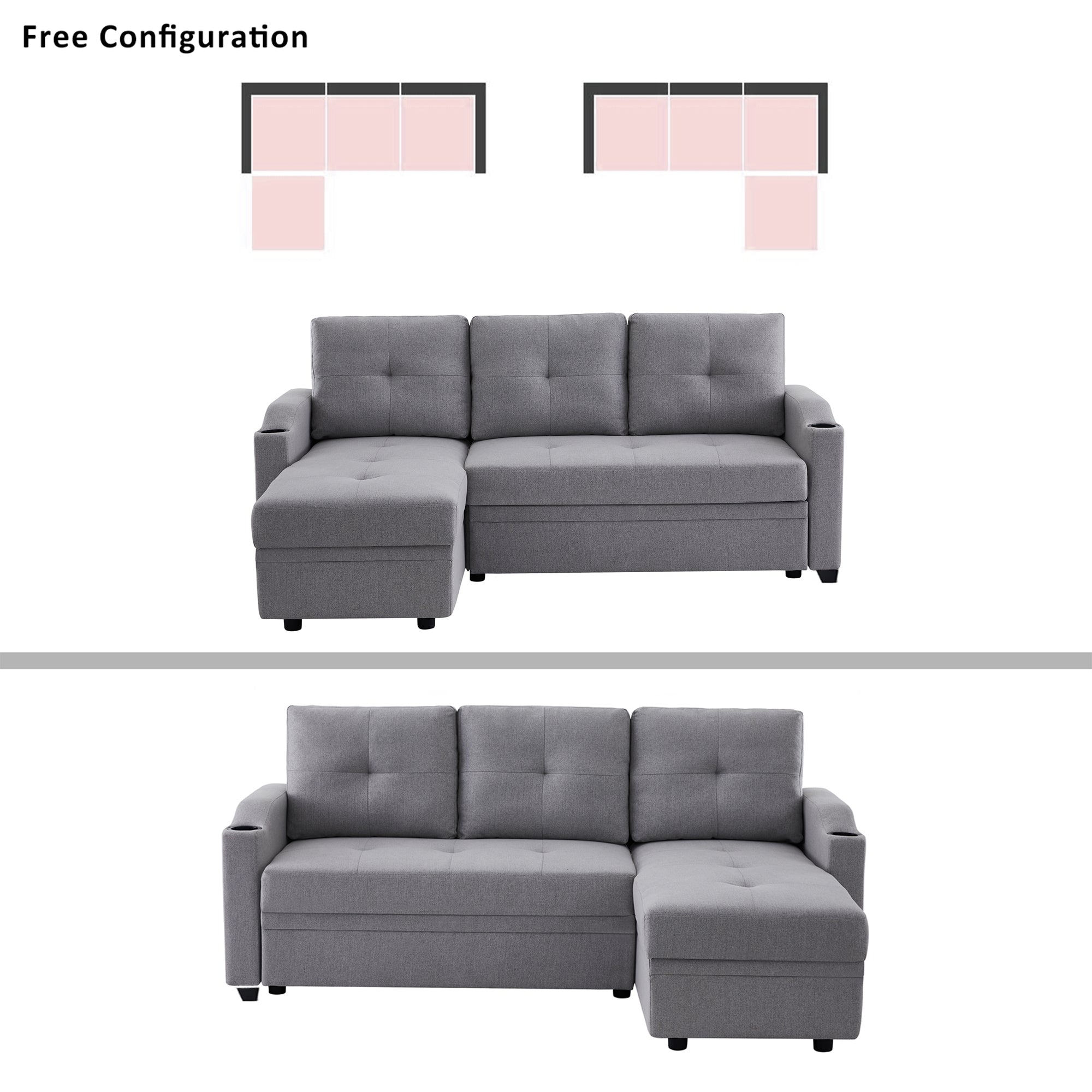 Orisfur. 81" Sleeper Sofa Bed Reversible Sectional Couch with Storage Chaise and Two Cup Holders for Living Room Furniture Set - Atlantic Fine Furniture Inc