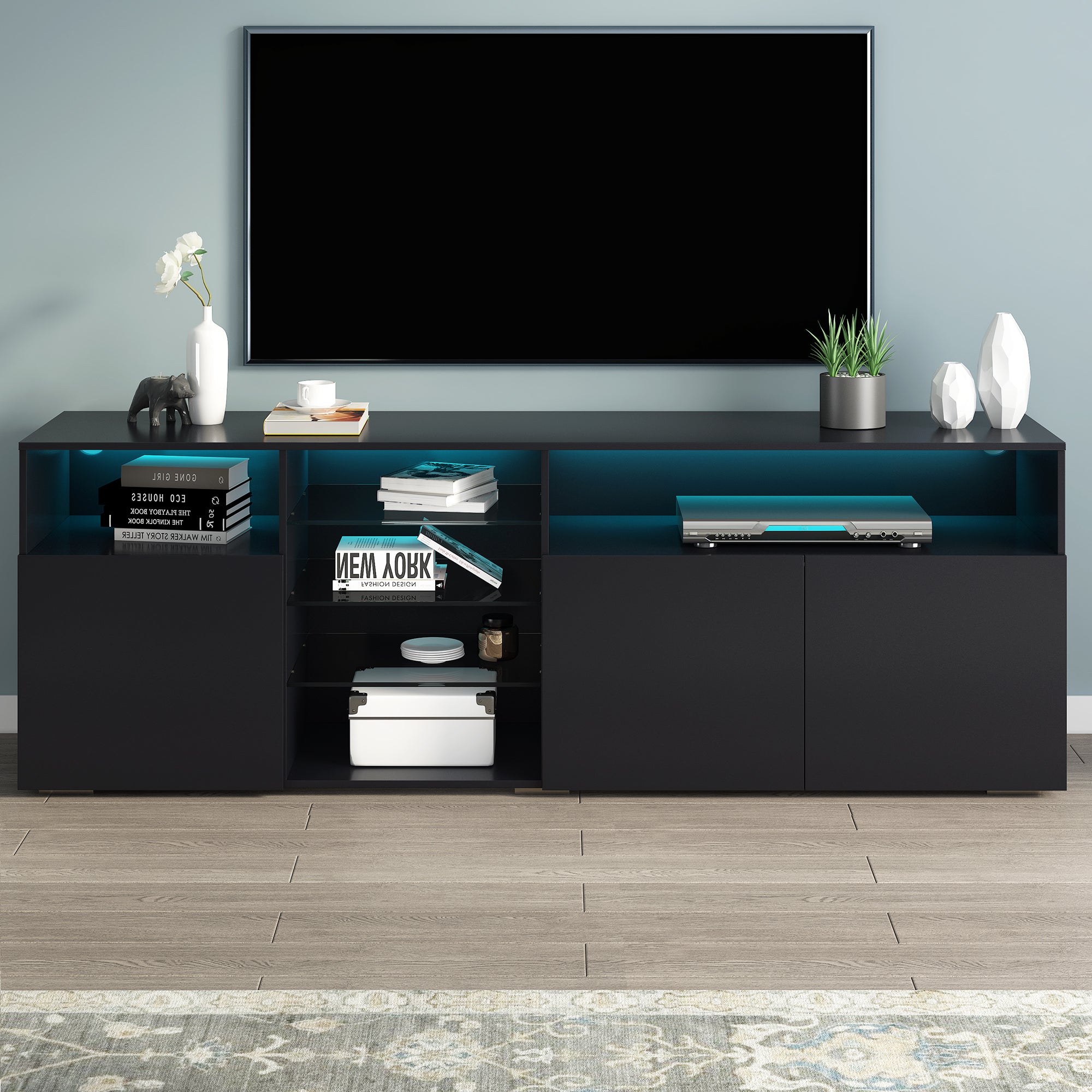 U-Can Modern, Stylish Functional TV stand with Color Changing LED Lights, Universal Entertainment Center, High Gloss TV Cabinet for 70+ inch TV, Black - Atlantic Fine Furniture Inc