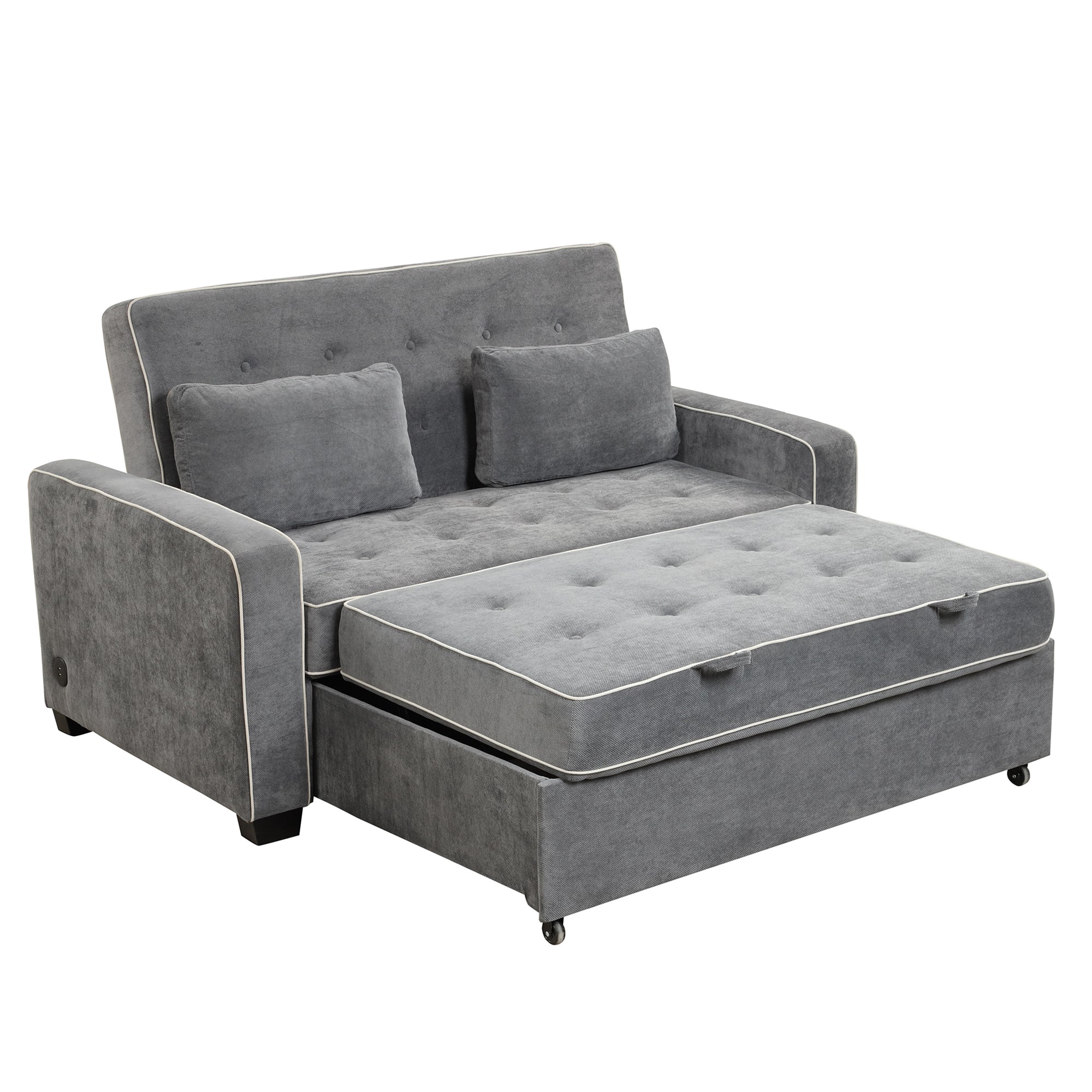 Linen Upholstered Sleeper Bed , Pull Out Sofa Bed Couch attached two throw pillows,Dual USB Charging Port and Adjustable Backrest for Living Room Space,Gray - Atlantic Fine Furniture Inc