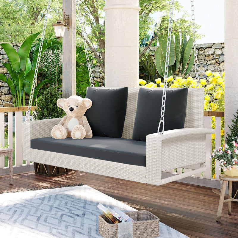 Go 2 Person Wicker Hanging Porch Swing With Chains, Cushion, Pillow, Rattan Swing Bench For Garden, Backyard, Pond. (White Wicker, Gray Cushion)