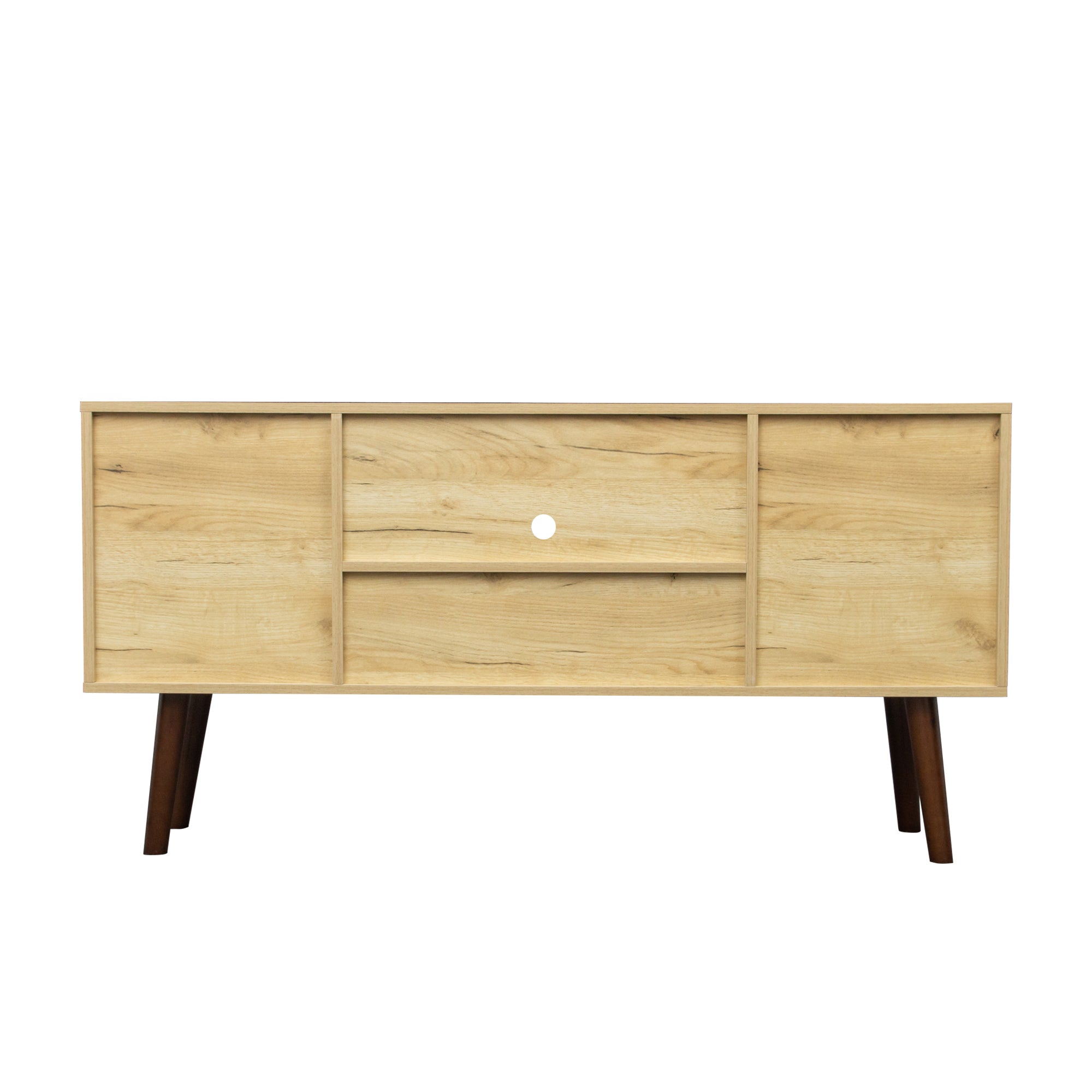Mid-Century TV Stand for TVs up to 60 Inches, Entertainment Center with Open Storage Shelves & Cabinet, Modern TV Console for Living Room, Rustic Oak. - Atlantic Fine Furniture Inc