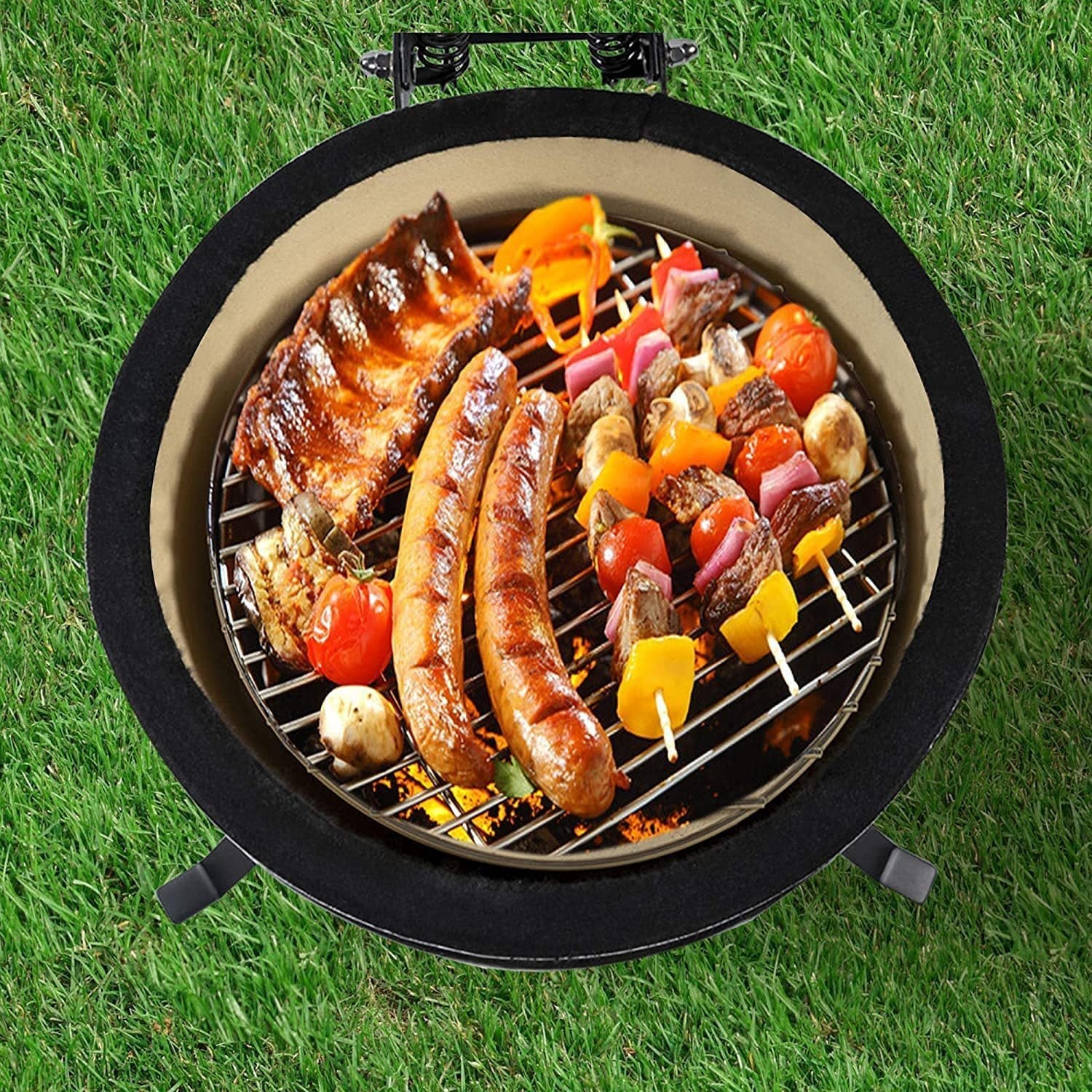 TOOPO 15 Inch Mini Kamado Grill Garden Ceramic Grills BBQ Smoker without Side Table-METTE BLACK - Atlantic Fine Furniture Inc