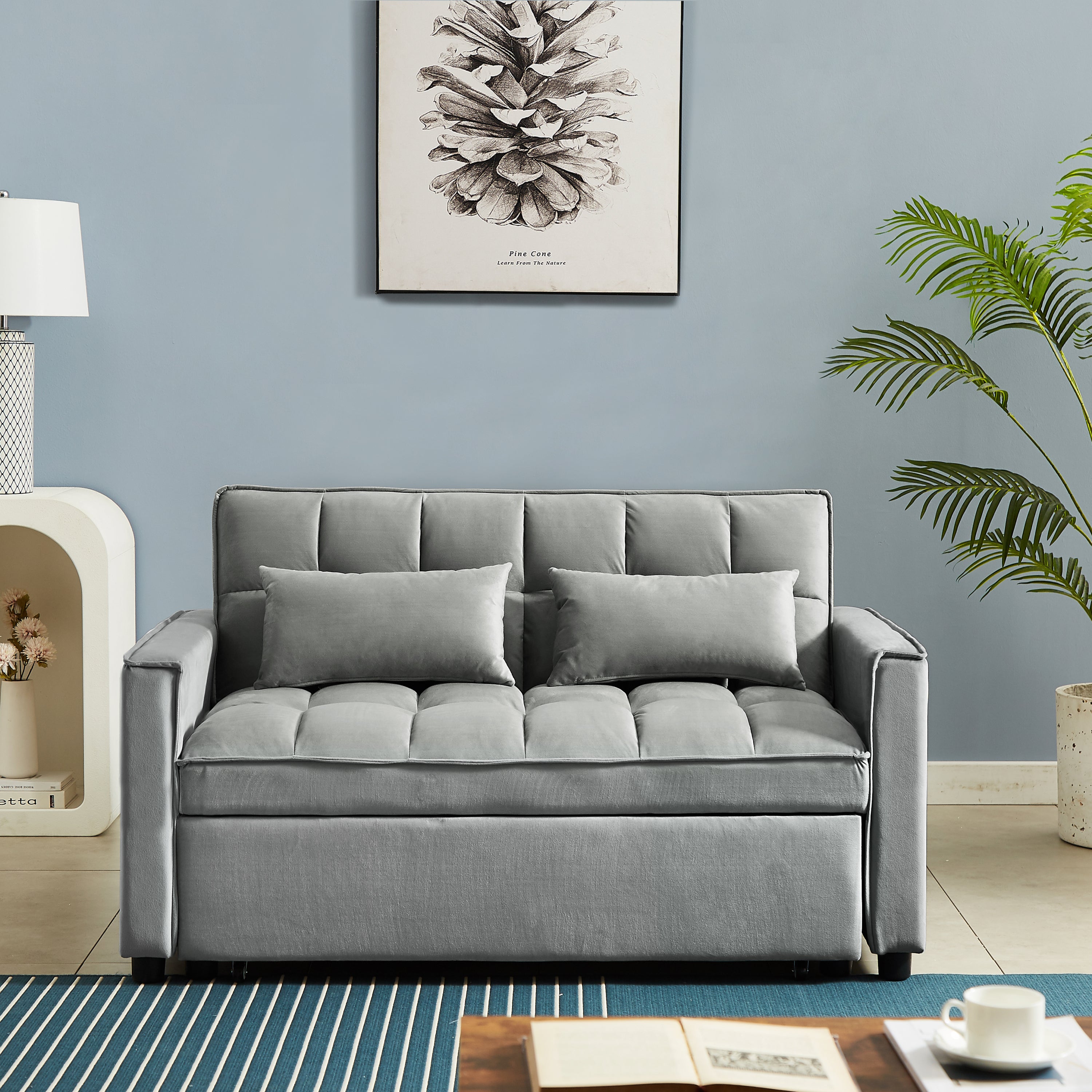 Modern Velvet Convertible Loveseat Sleeper Sofa Couch with Adjustable Backrest, 2 Seater Sofa With Pull-Out Bed with 2 Lumbar Pillows For Small Living Room & Apartment - Atlantic Fine Furniture Inc
