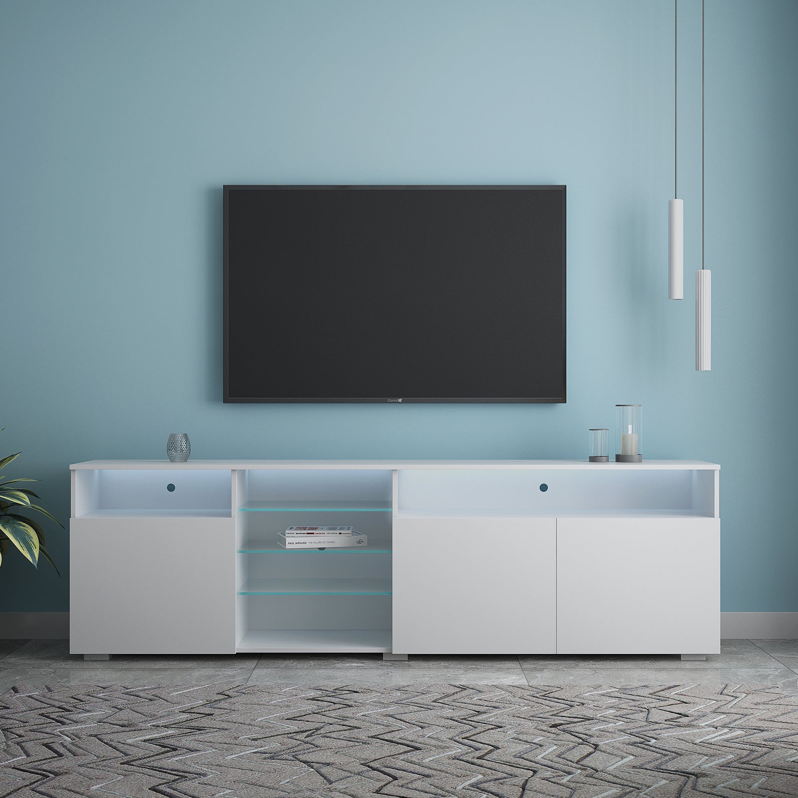 TV Stand High Gloss Doors Modern TV Stand LED (White) - Atlantic Fine Furniture Inc