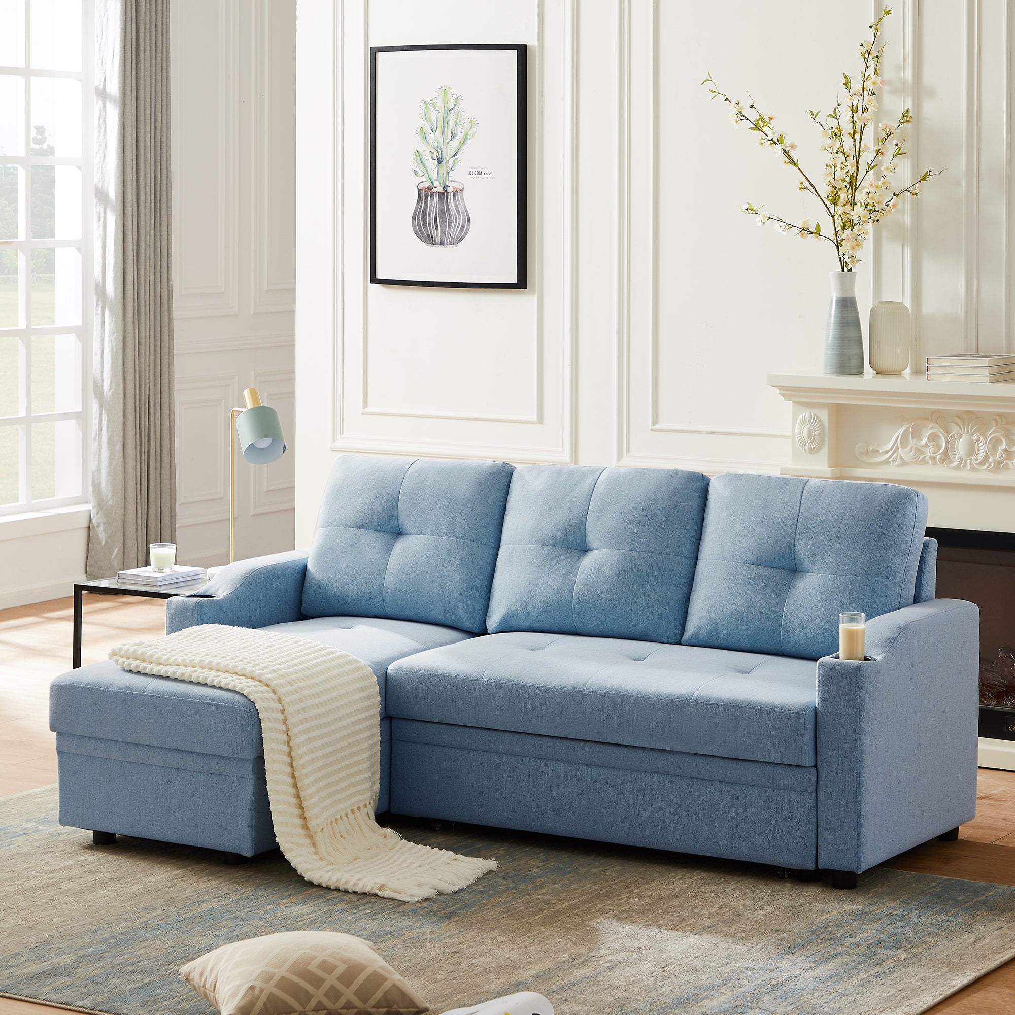 Orisfur. 81" Sleeper Sofa Bed Reversible Sectional Couch with Storage Chaise and Two Cup Holders for Living Room Furniture Set - Atlantic Fine Furniture Inc