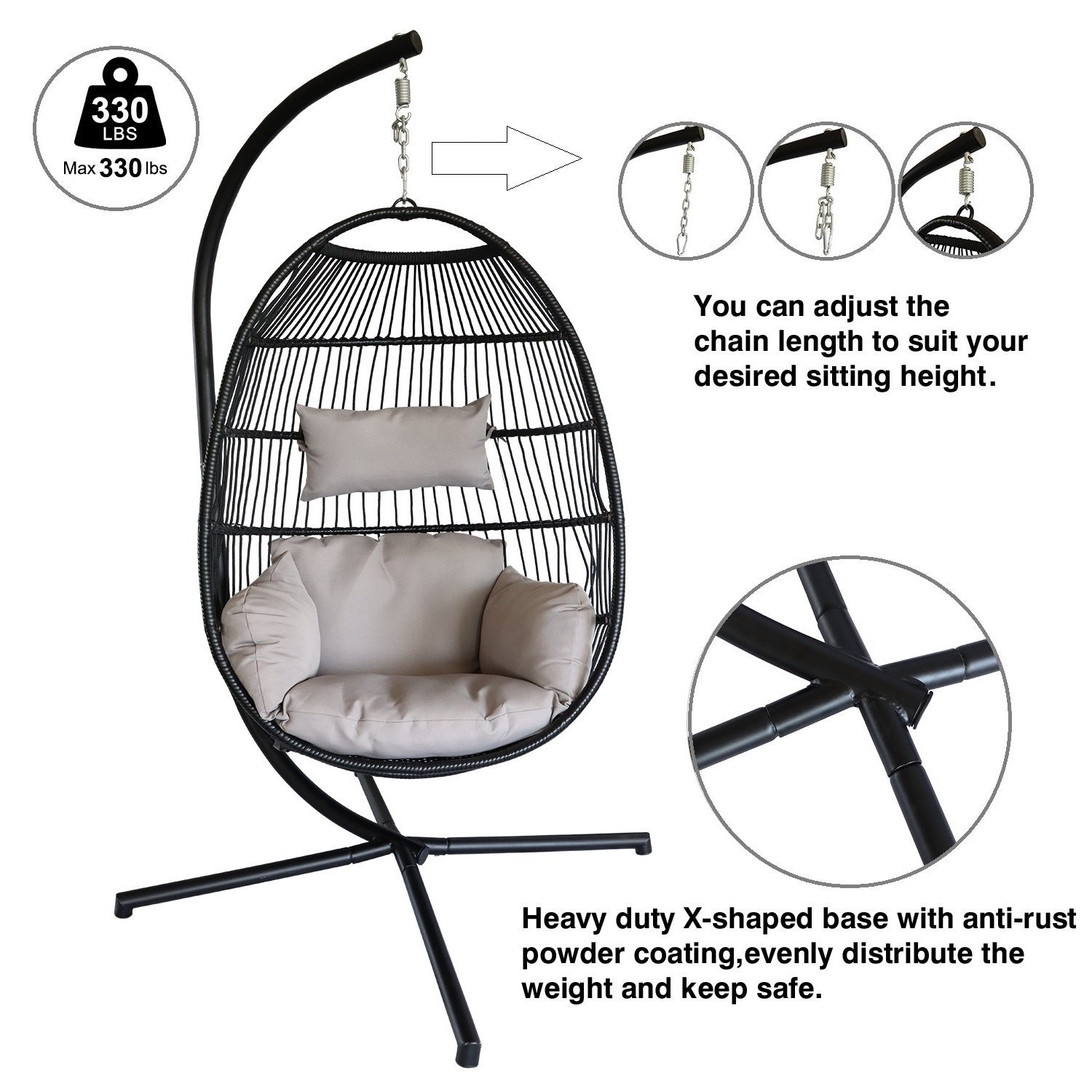 Hanging Egg Chair with Stand Outdoor Patio Swing Egg Chair Indoor Folding Egg Chair, Waterproof Cushion, Folding Rope Back, Heavy Duty C-Stand, 330LBS Capacity - Atlantic Fine Furniture Inc