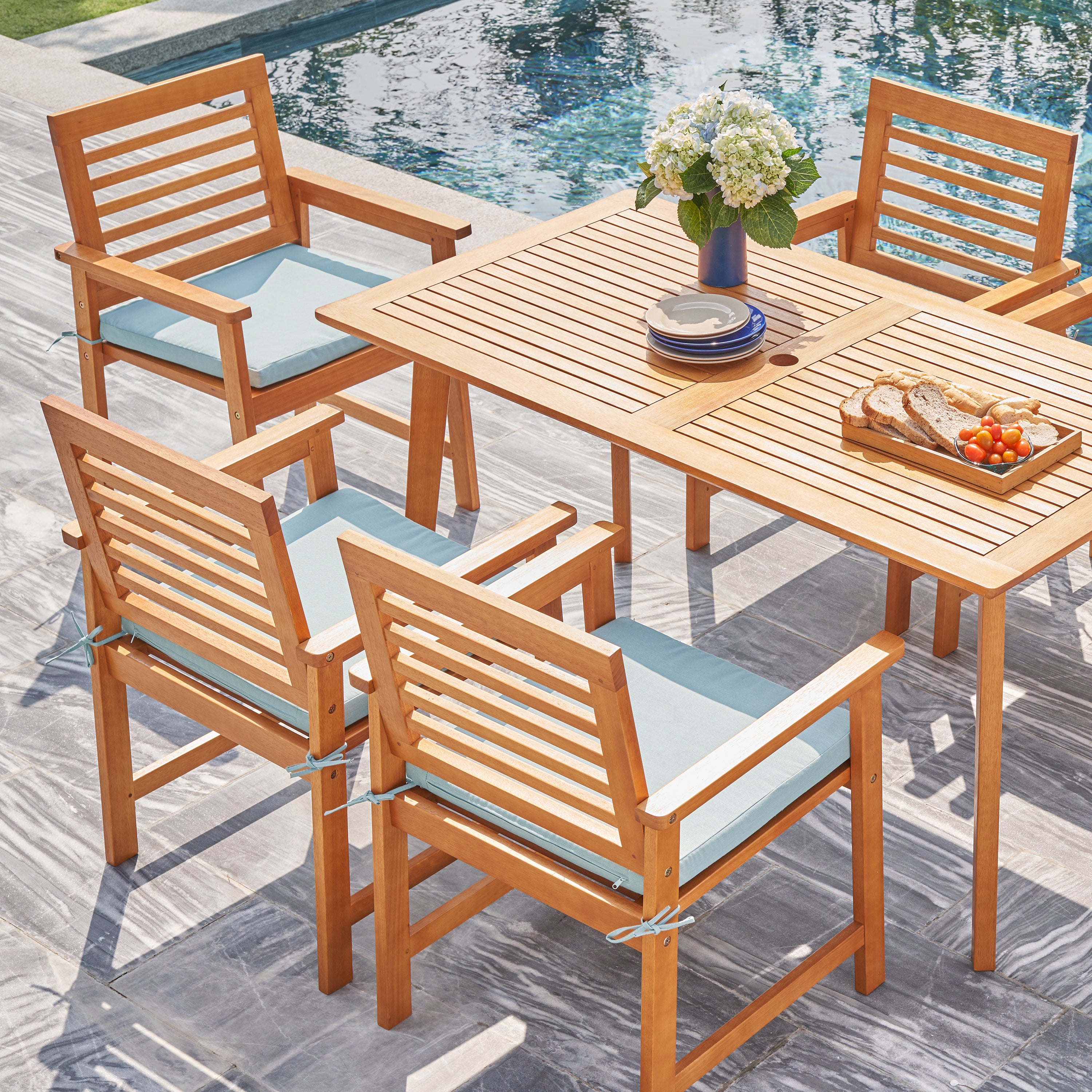 Waimea Honey 7-Piece Slatted Eucalyptus Wood Patio Dining Set with Cushion - Atlantic Fine Furniture Inc