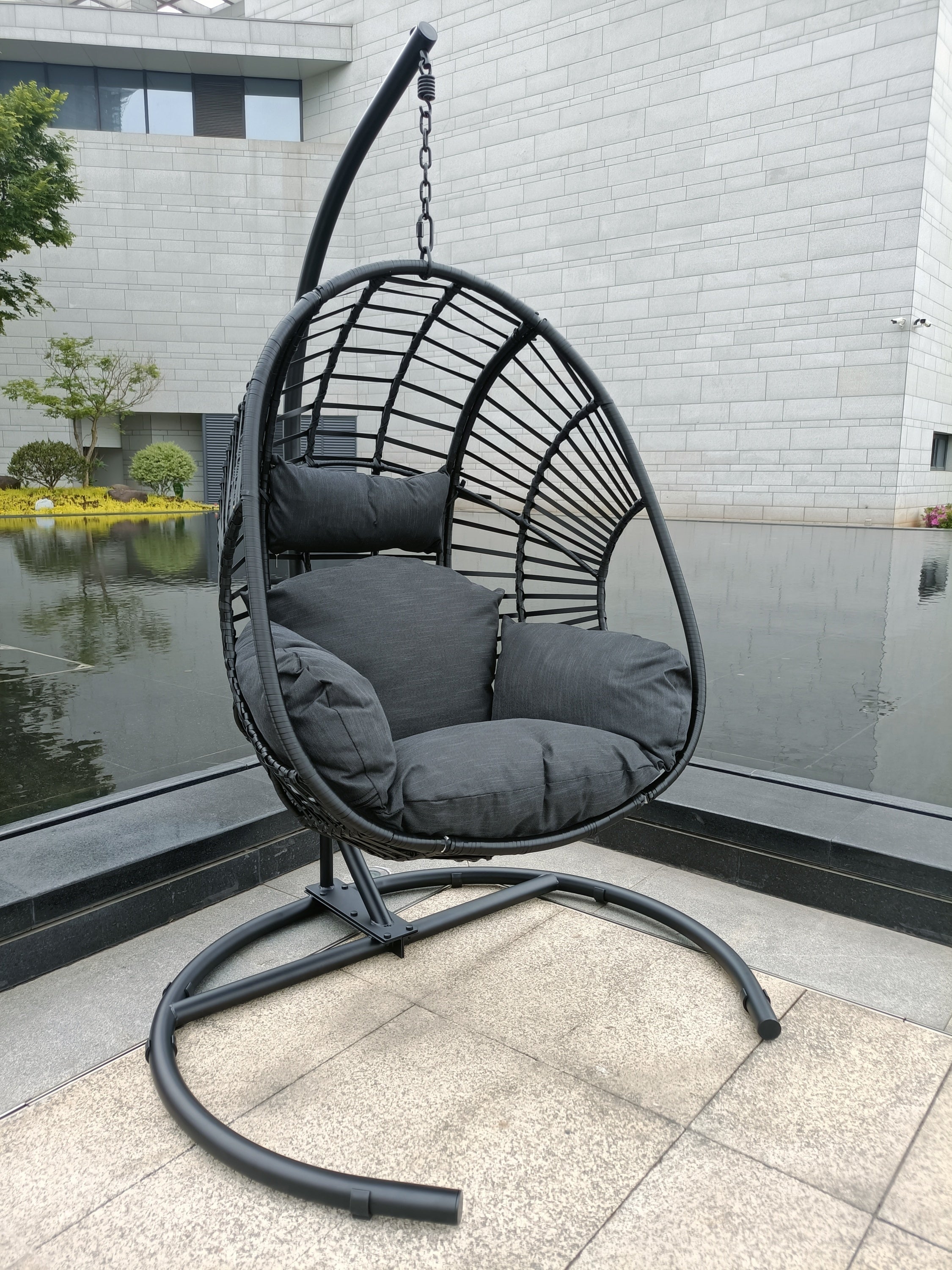 High Quality Outdoor Indoor Black color PE Wicker Swing Egg chair with Antracite Color Cushion And Black Color Base Atlantic Fine Furniture Inc