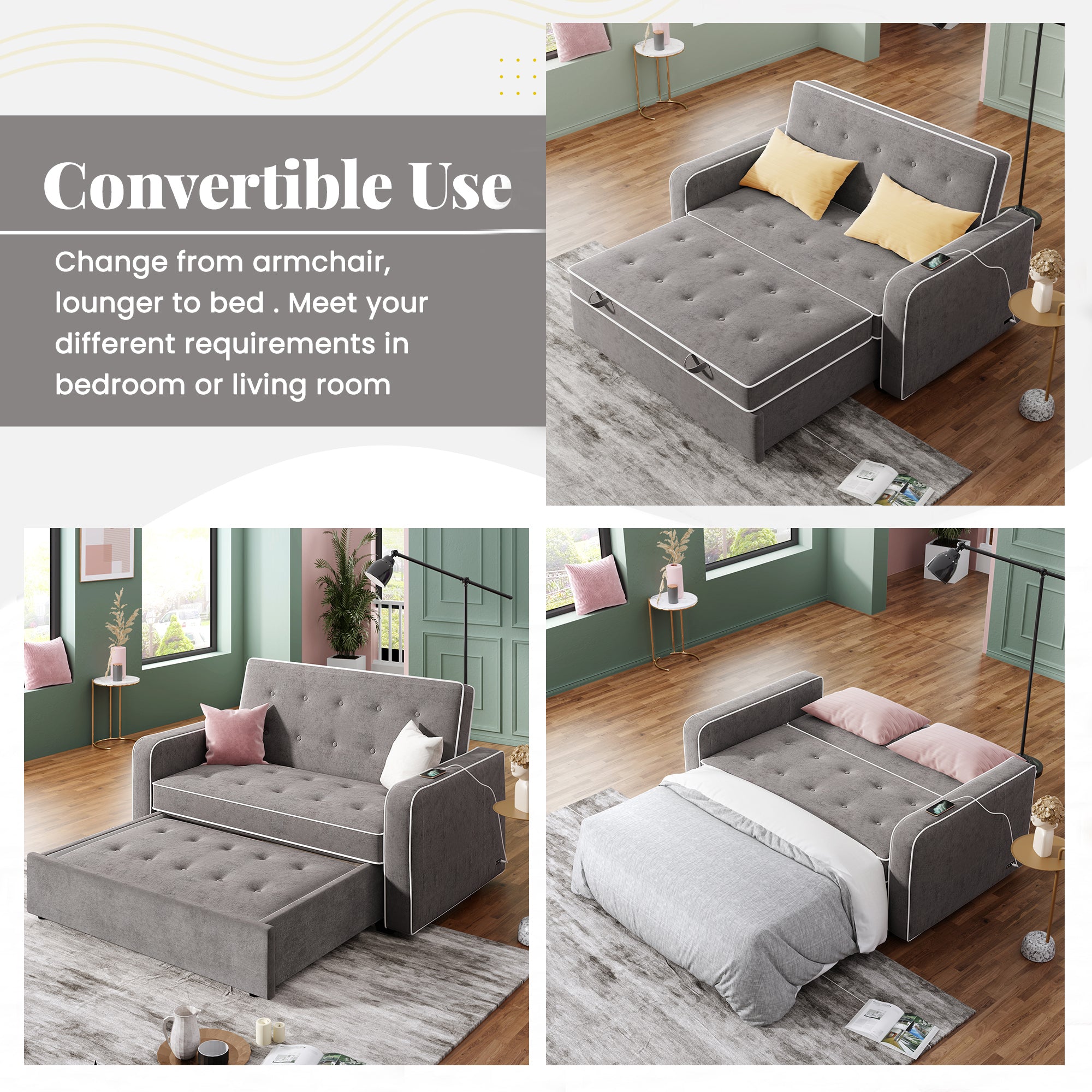 Orisfur. 66" Convertible Sleeper Bed, Adjustable Loveseat Couch with Dual USB Ports for Living Room Space - Atlantic Fine Furniture Inc
