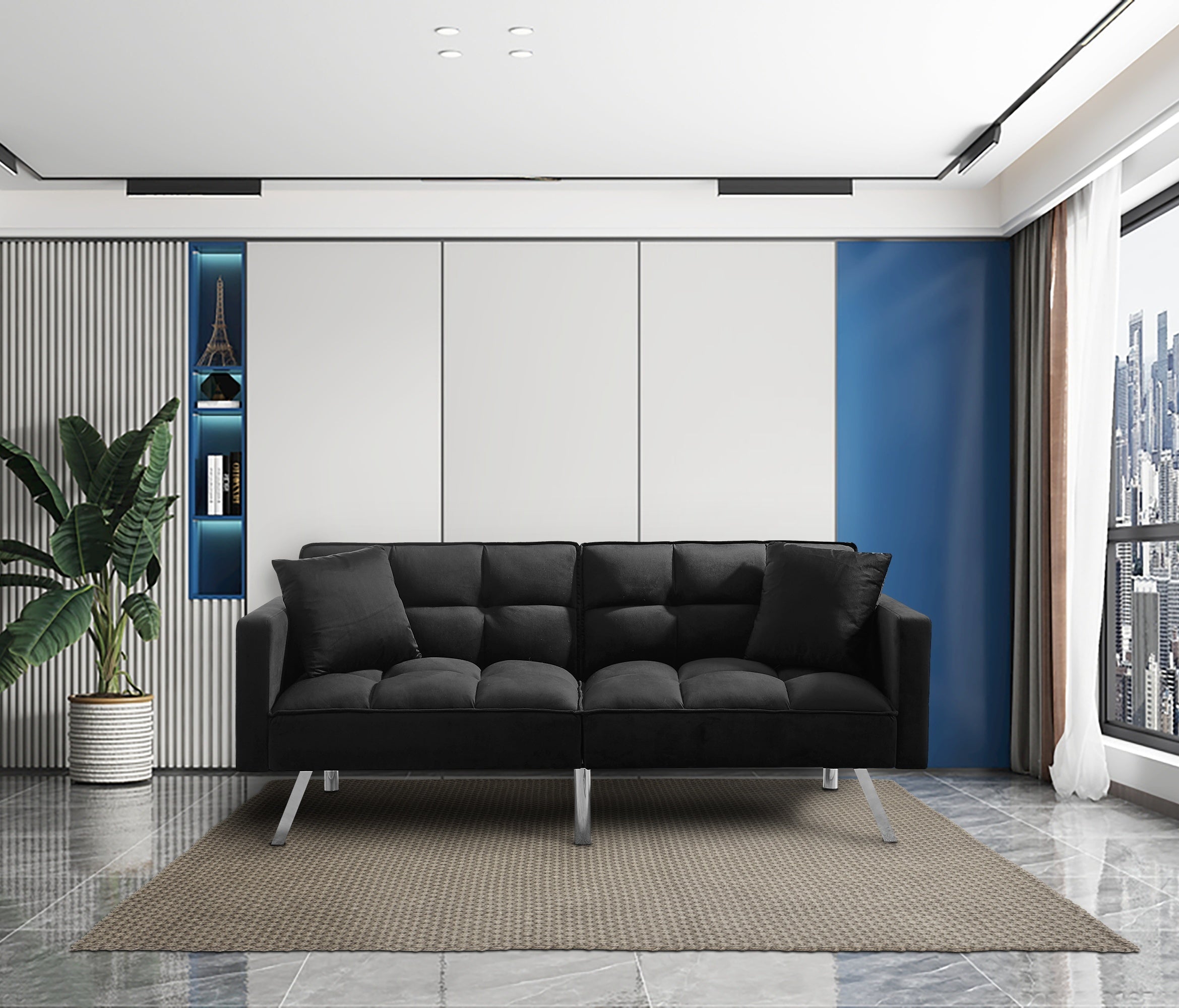 FUTON SOFA SLEEPER BLACK VELVET WITH 2 PILLOWS(same as W223S01117、W223S01463。Size difference, See Details in page.) - Atlantic Fine Furniture Inc