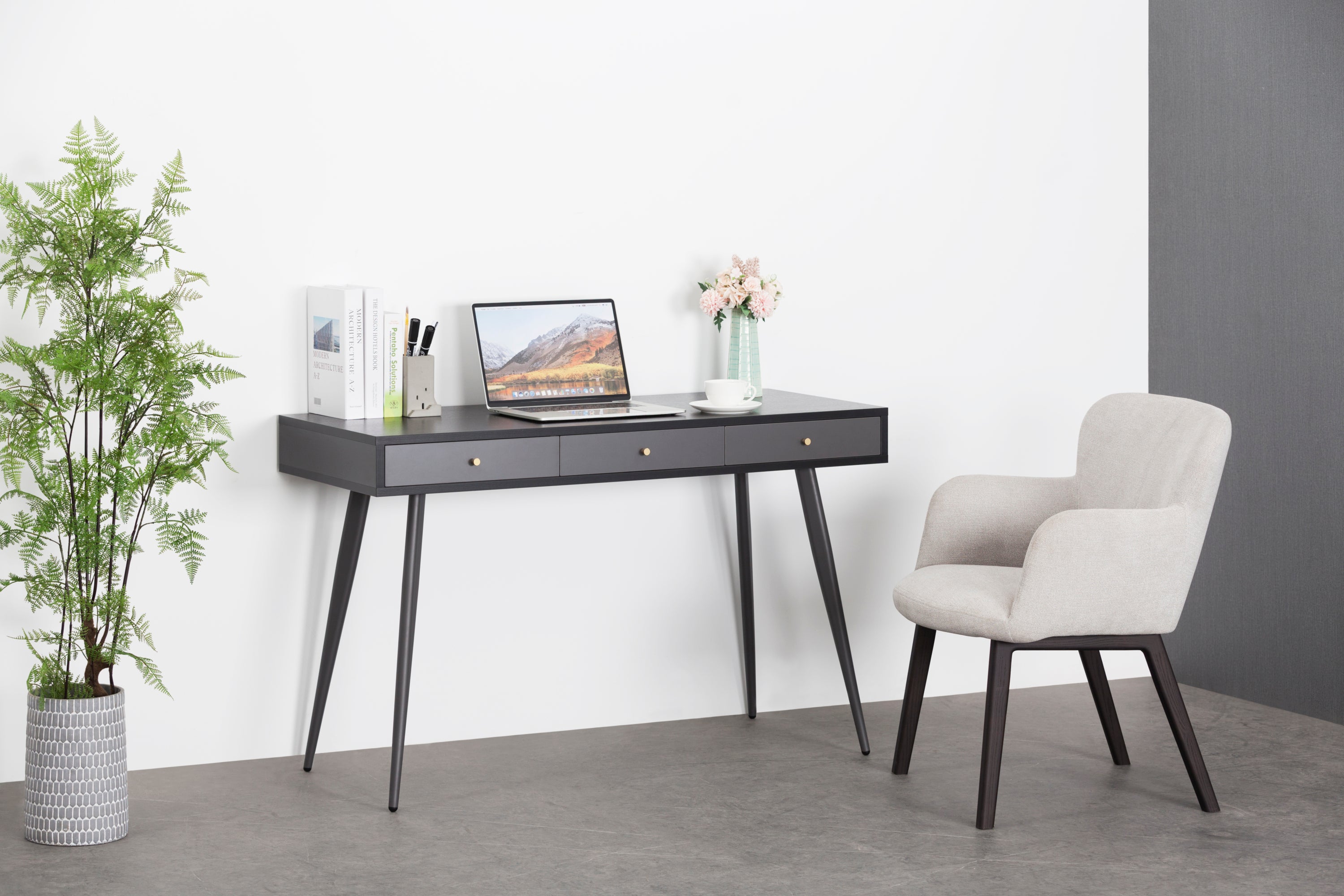 Modern Mid Century Desk 47" | Computer Desk with 3 Drawers, Black Wood Board with Oak Grain (Black Oak + Dark Grey),for Home Office - Atlantic Fine Furniture Inc