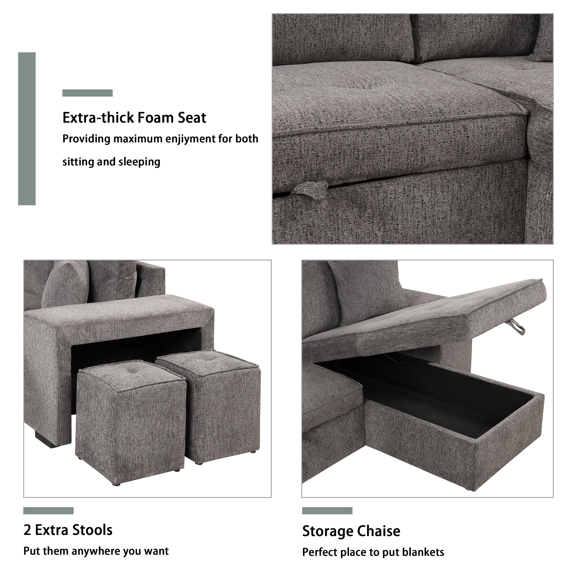 Orisfur. 104" L-Shape 3 Seat Reversible Sectional Couch, Pull Out Sleeper Sofa with Storage Chaise and 2 Stools for Living Room Furniture Set - Atlantic Fine Furniture Inc