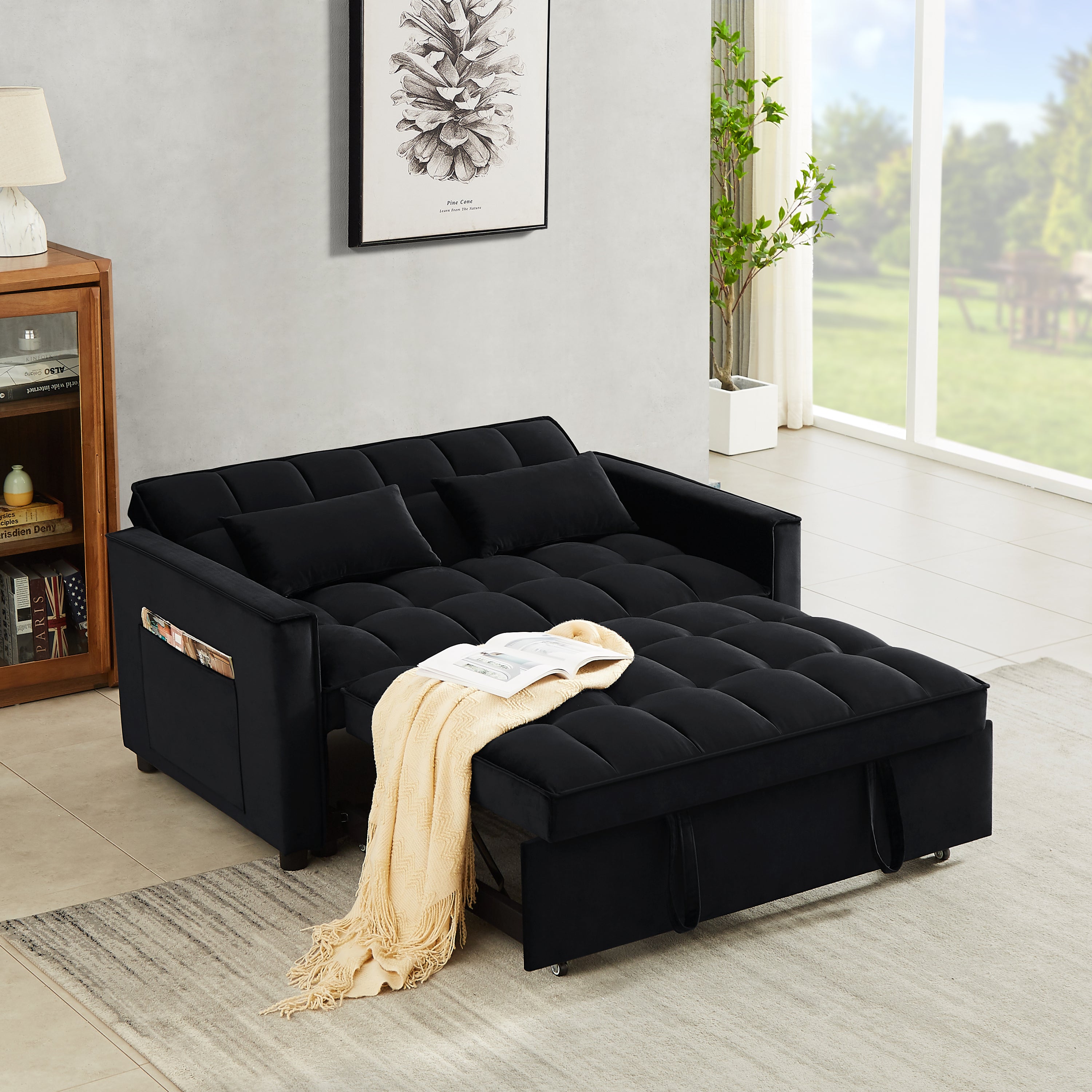 Modern Velvet Convertible Loveseat Sleeper Sofa Couch with Adjustable Backrest, 2 Seater Sofa With Pull-Out Bed with 2 Lumbar Pillows For Small Living Room & Apartment - Atlantic Fine Furniture Inc