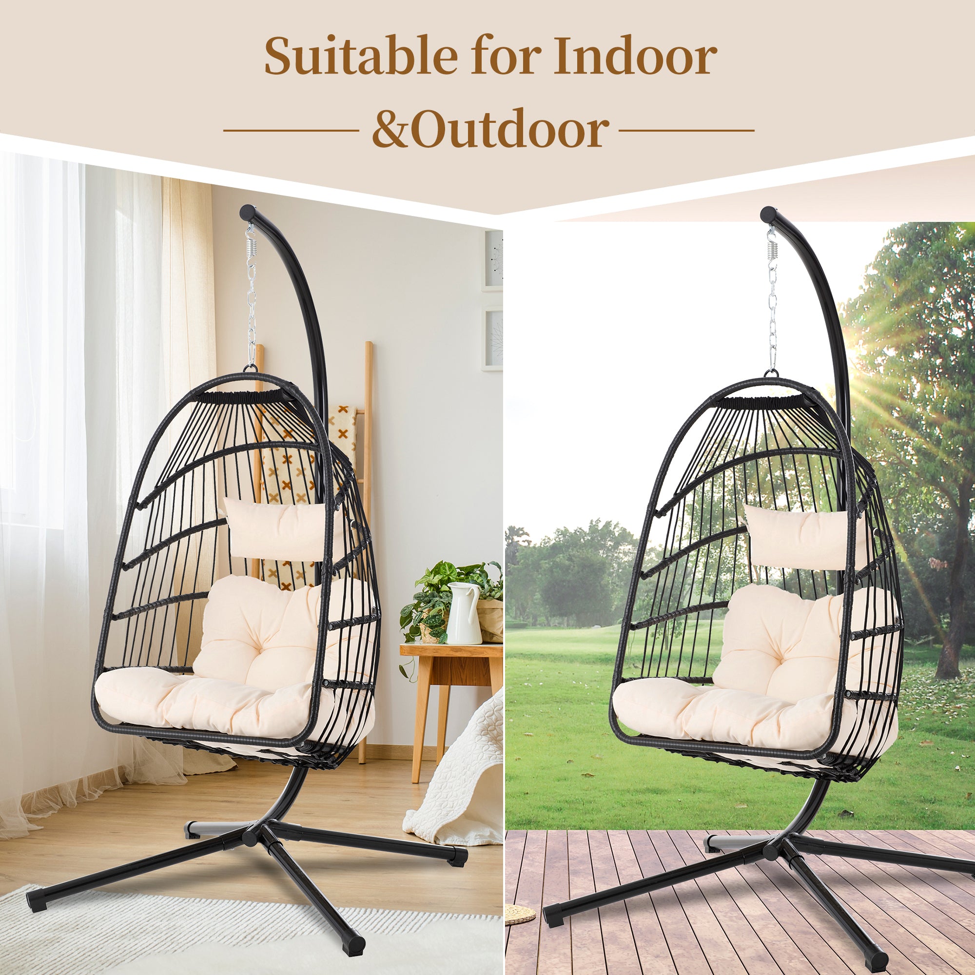TOPMAX Patio Foldable Swing Chair Porch PE Wicker Egg Hanging Chair Hammock Chair w/Stand and Cushion for Outdoor Balcony Indoor Bedroom, Beige - Atlantic Fine Furniture Inc