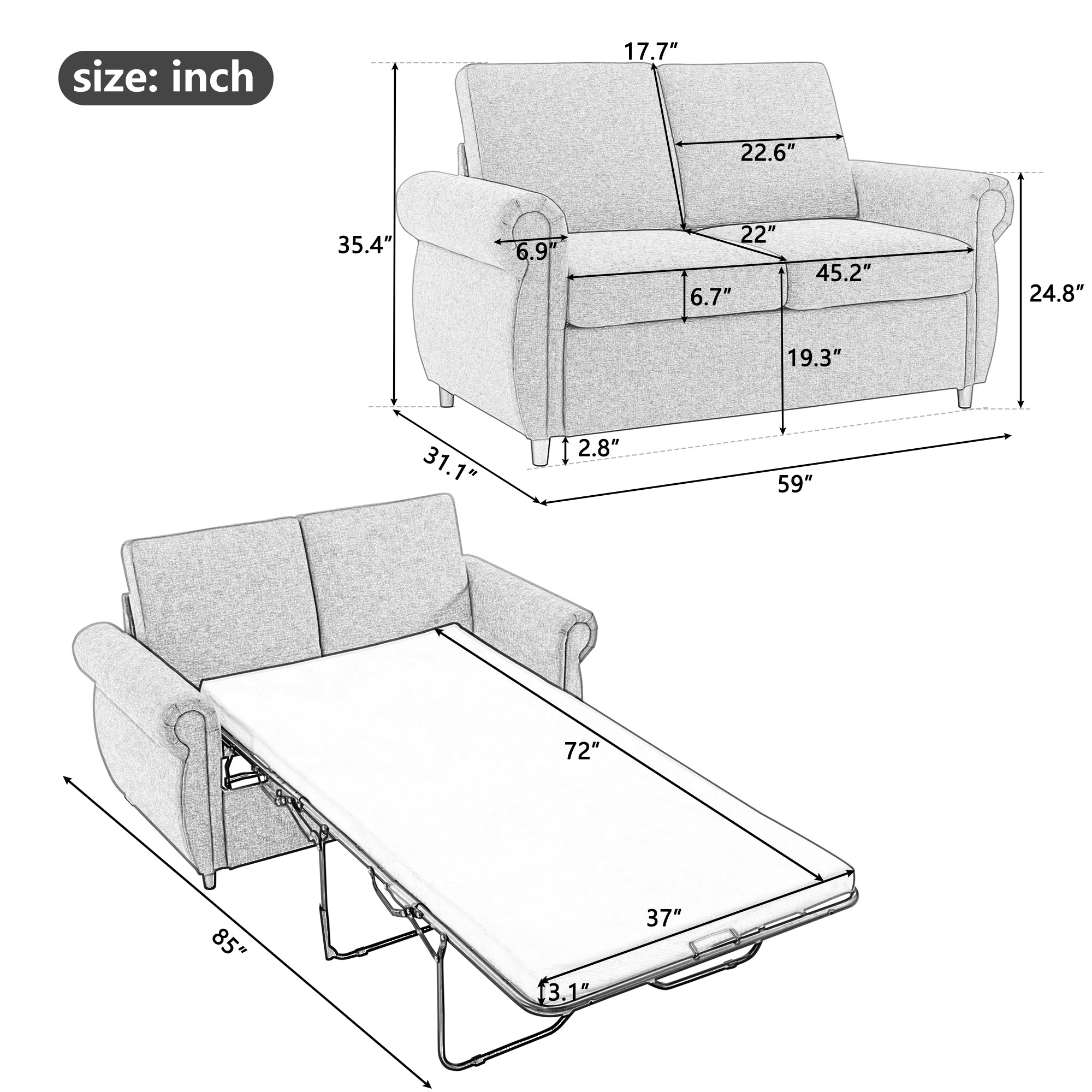 Orisfur Pull Out Sofa Bed Loveseat Sleeper with Twin Size Memory Mattress for Living Room Spaces - Atlantic Fine Furniture Inc