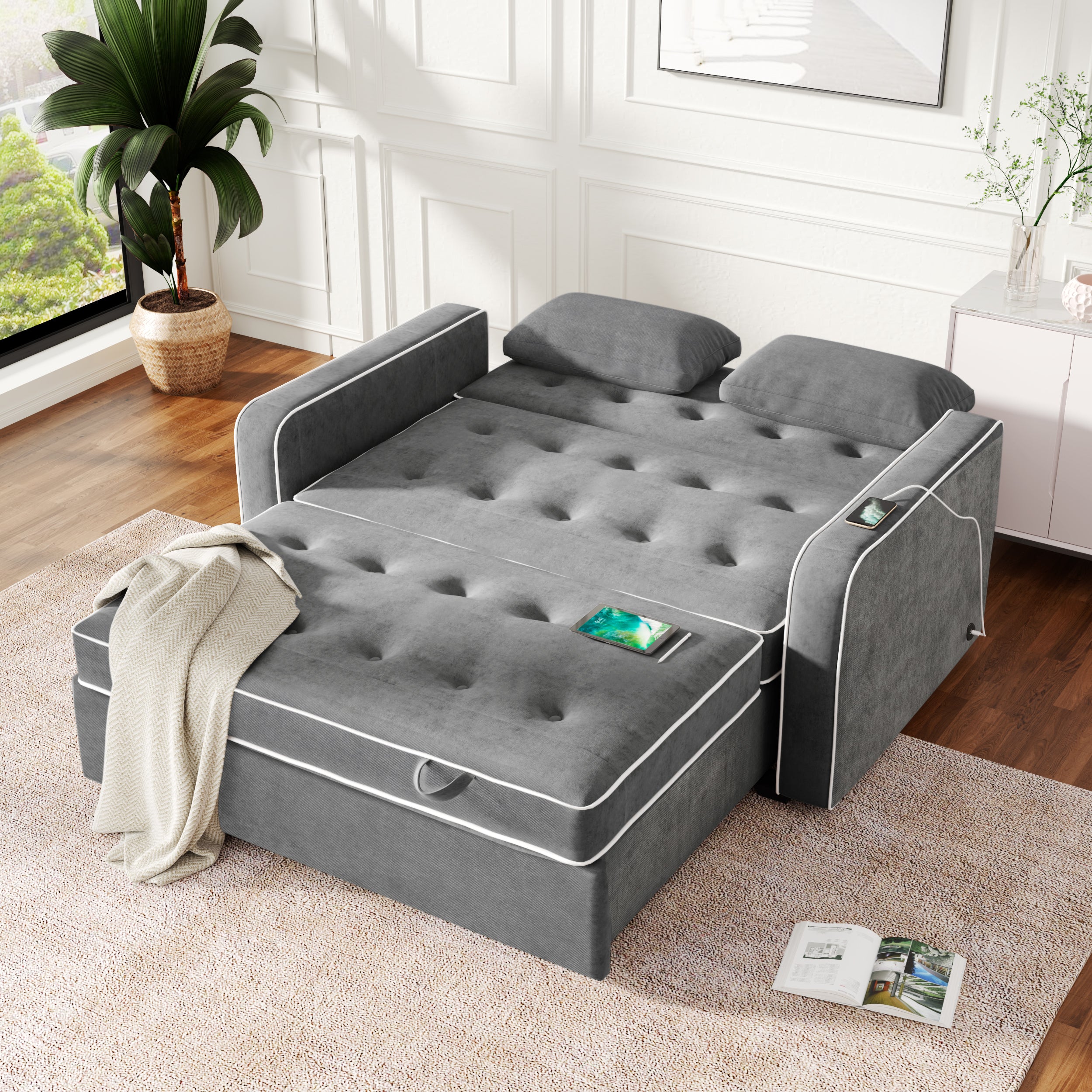 Linen Upholstered Sleeper Bed , Pull Out Sofa Bed Couch attached two throw pillows,Dual USB Charging Port and Adjustable Backrest for Living Room Space,Gray - Atlantic Fine Furniture Inc