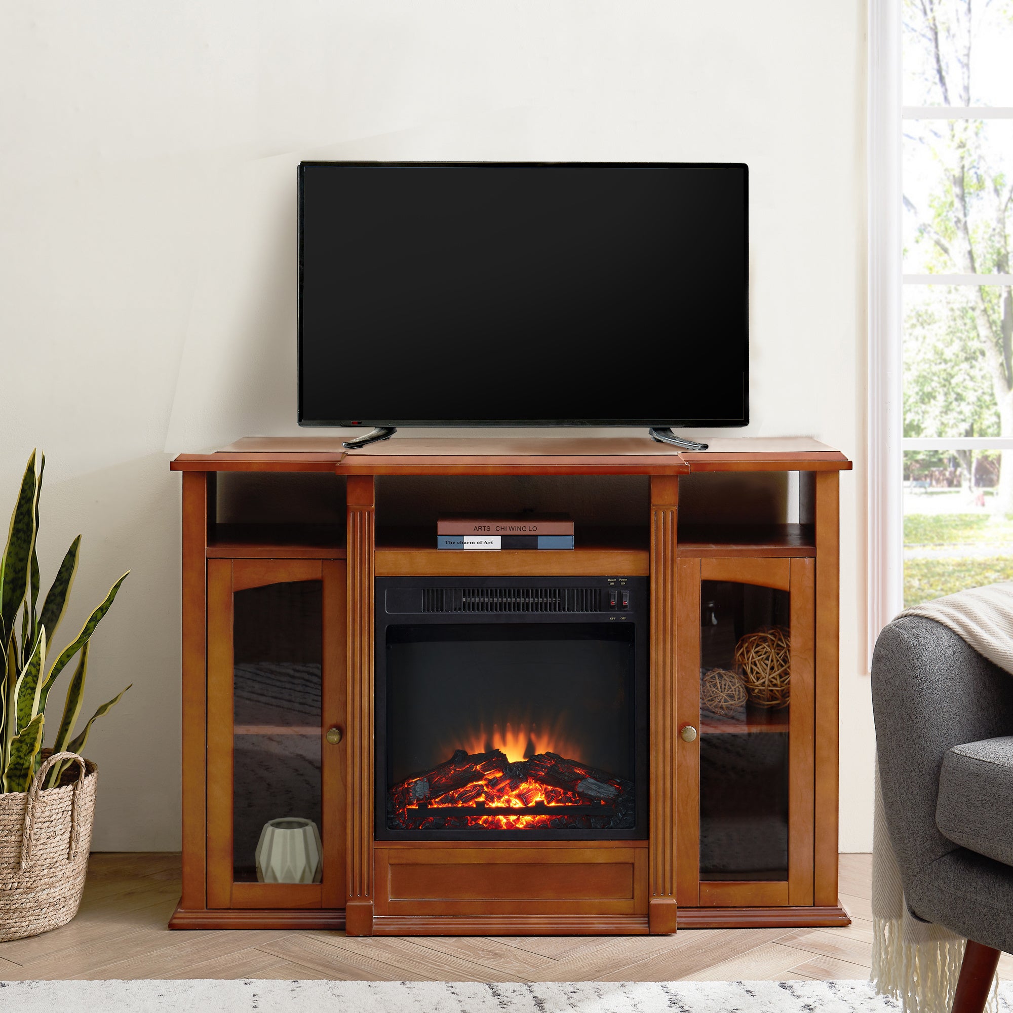 Modern Electric Fireplace TV Stand, Fit up to 55" Flat Screen TV with Two Tempered Glass Storage Cabinet and Adjustable Shelves Wood Veneer TV Console for Living Room, Cherry - Atlantic Fine Furniture Inc