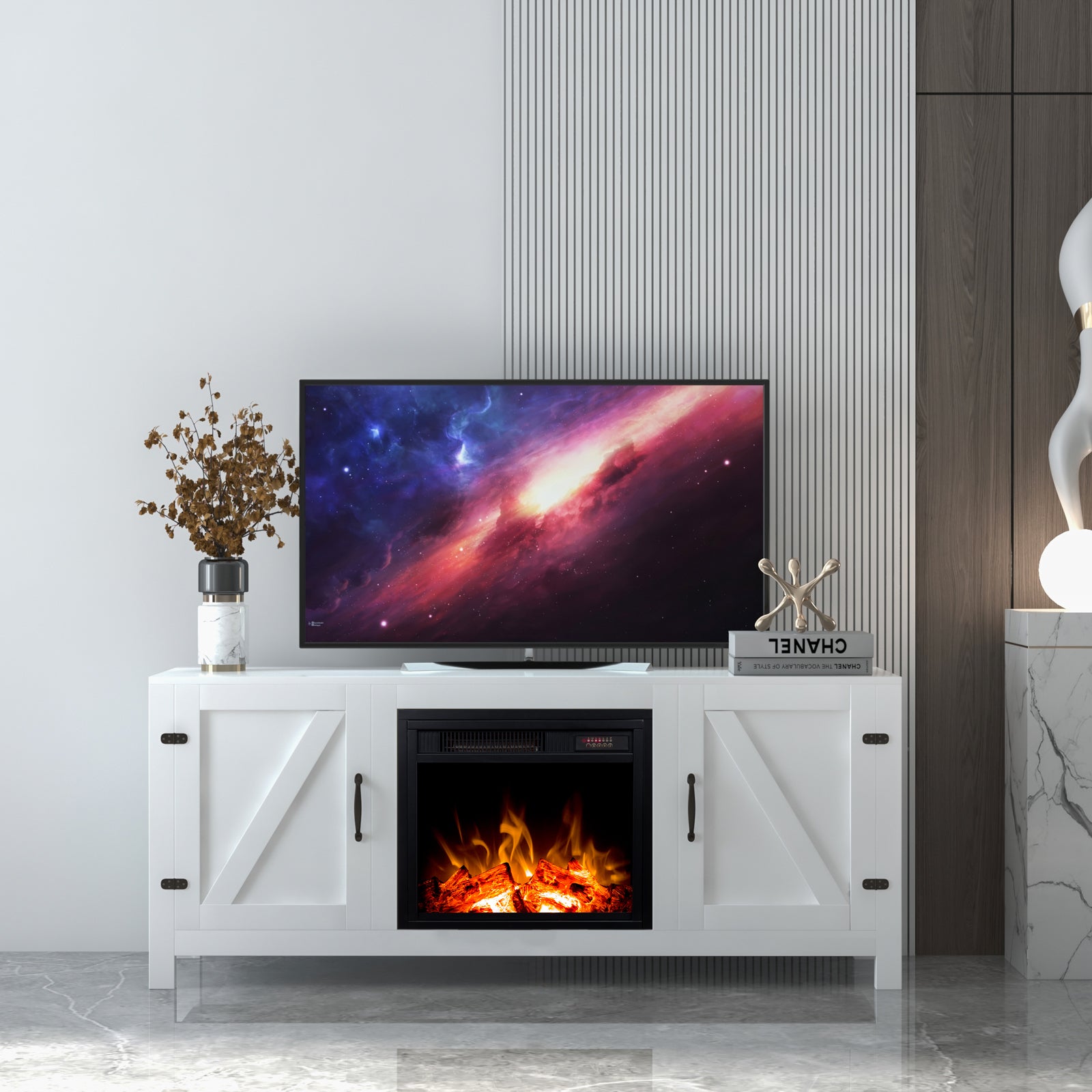 Farmhouse TV Stand, Fireplace TV Stand, Wood Entertainment Center Media Console with Storage,White - Atlantic Fine Furniture Inc