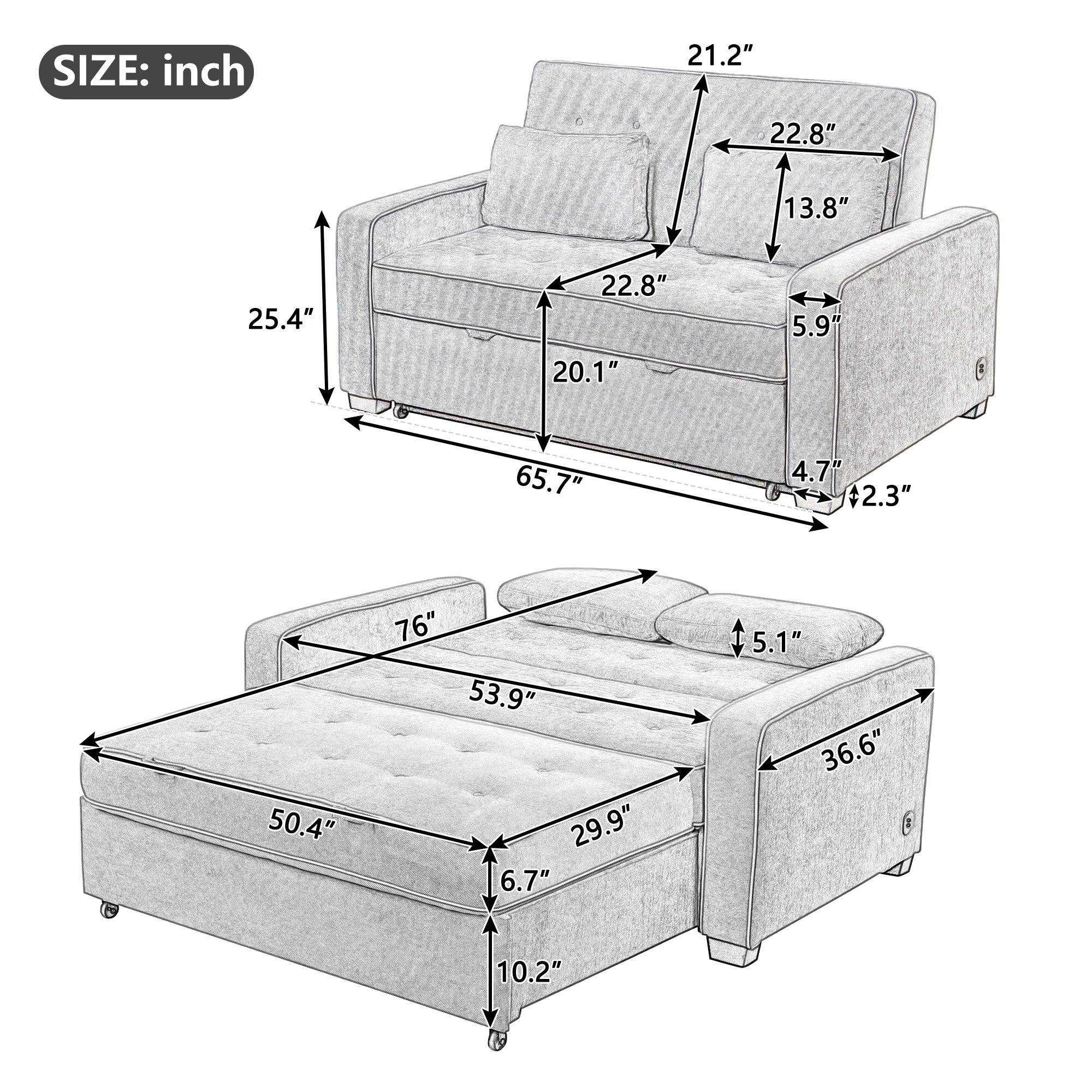Linen Upholstered Sleeper Bed , Pull Out Sofa Bed Couch attached two throw pillows,Dual USB Charging Port and Adjustable Backrest for Living Room Space,Gray - Atlantic Fine Furniture Inc