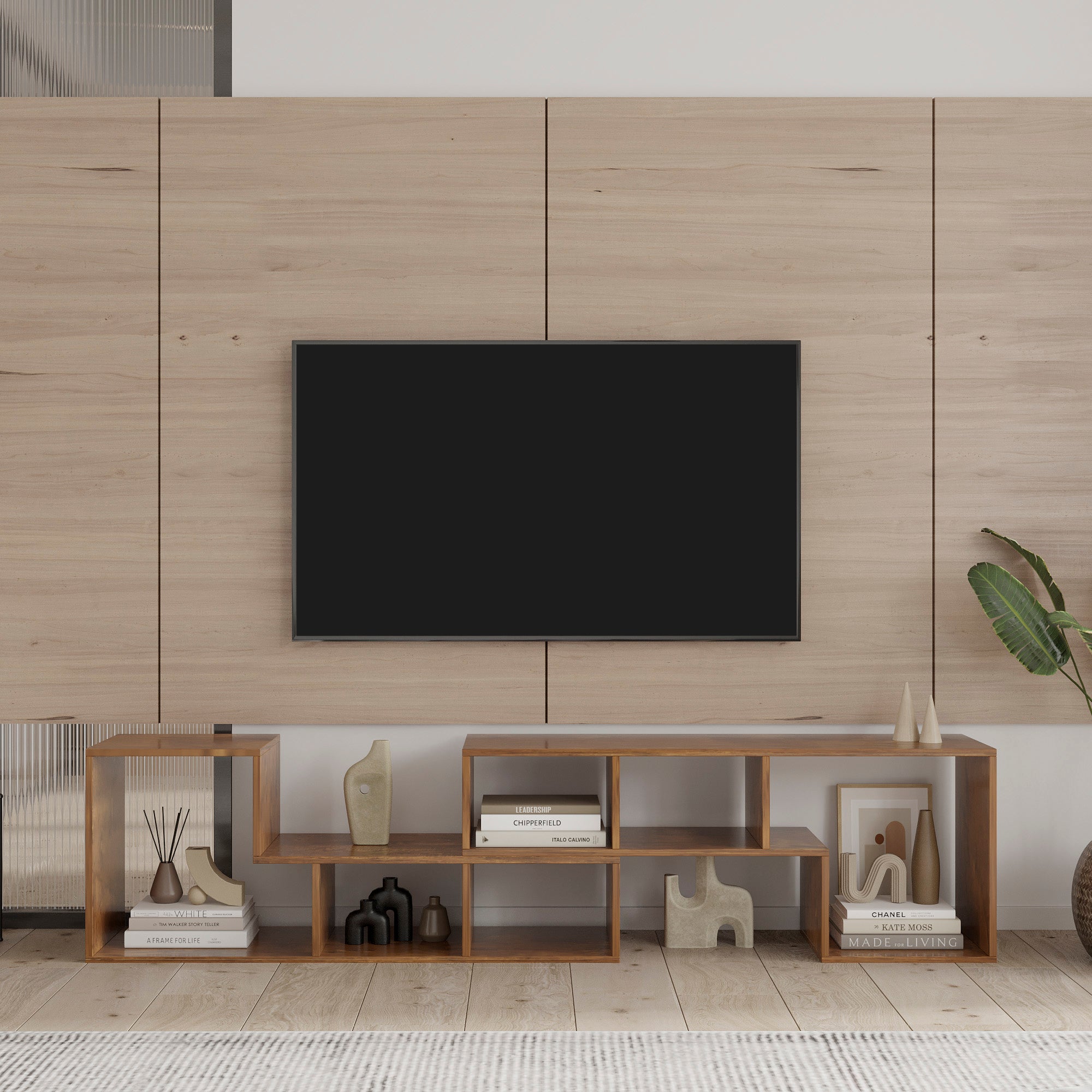 Double L-Shaped TV Stand,Display Shelf ,Bookcase for Home Furniture,Walnut - Atlantic Fine Furniture Inc