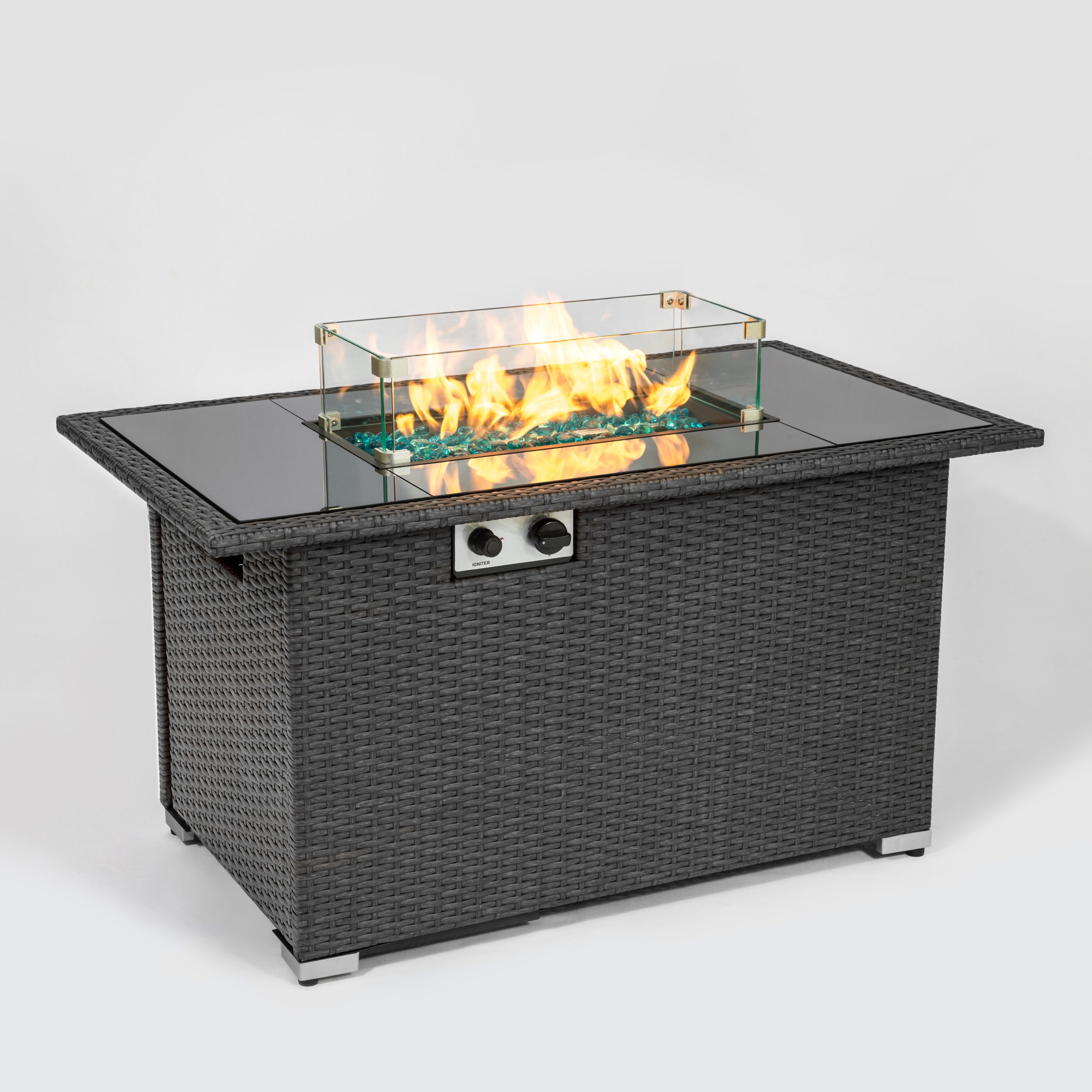 Outdoor 44" Gas Propane Fire pit Table Rectangle 50,000 BTU with 8mm Tempered Glass Tabletop & Blue Stone& Steel table lid &Table waterproof dusty Cover ,ETL Certification (Grey) - Atlantic Fine Furniture Inc