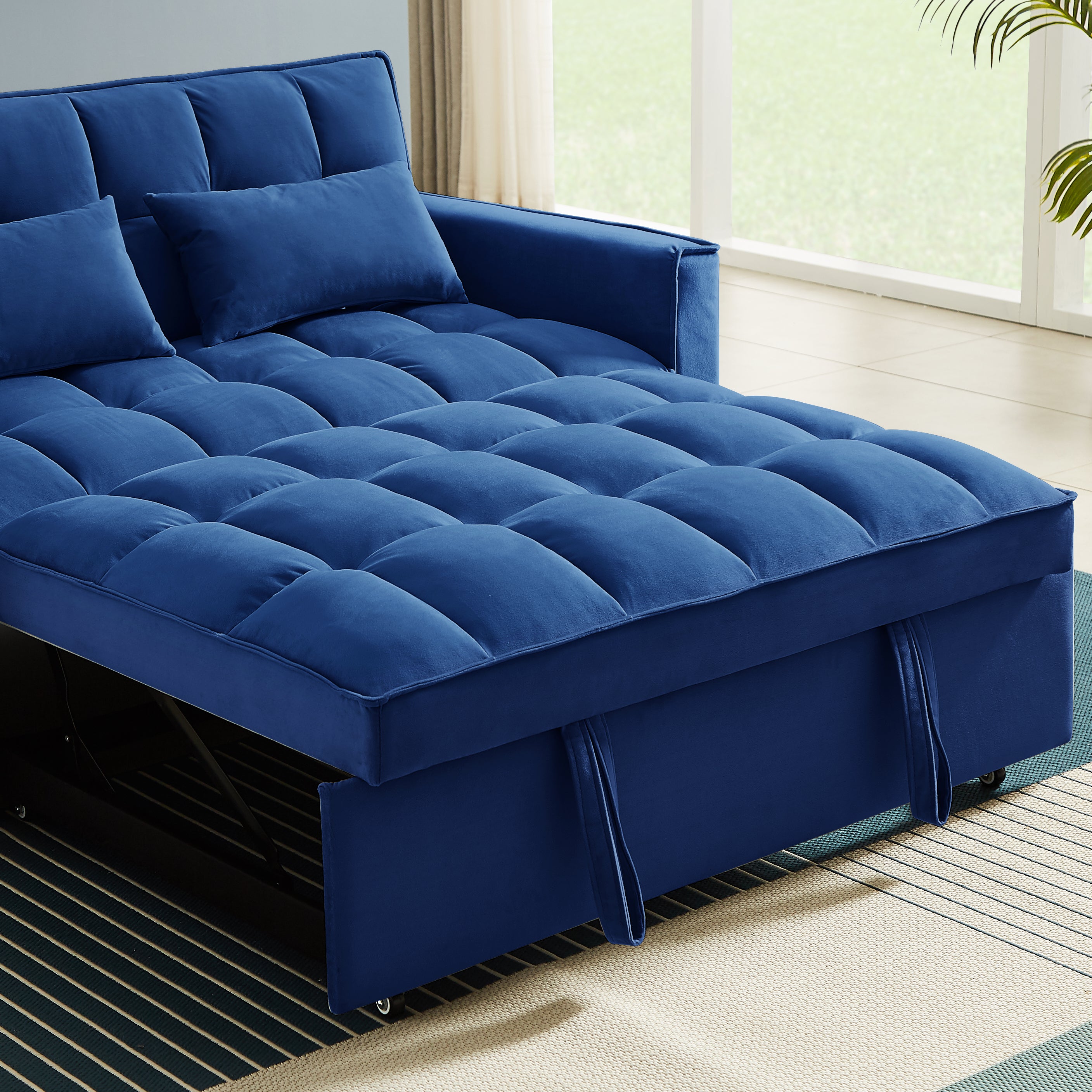 Modern Velvet Convertible Loveseat Sleeper Sofa Couch with Adjustable Backrest, 2 Seater Sofa With Pull-Out Bed with 2 Lumbar Pillows For Small Living Room & Apartment - Atlantic Fine Furniture Inc