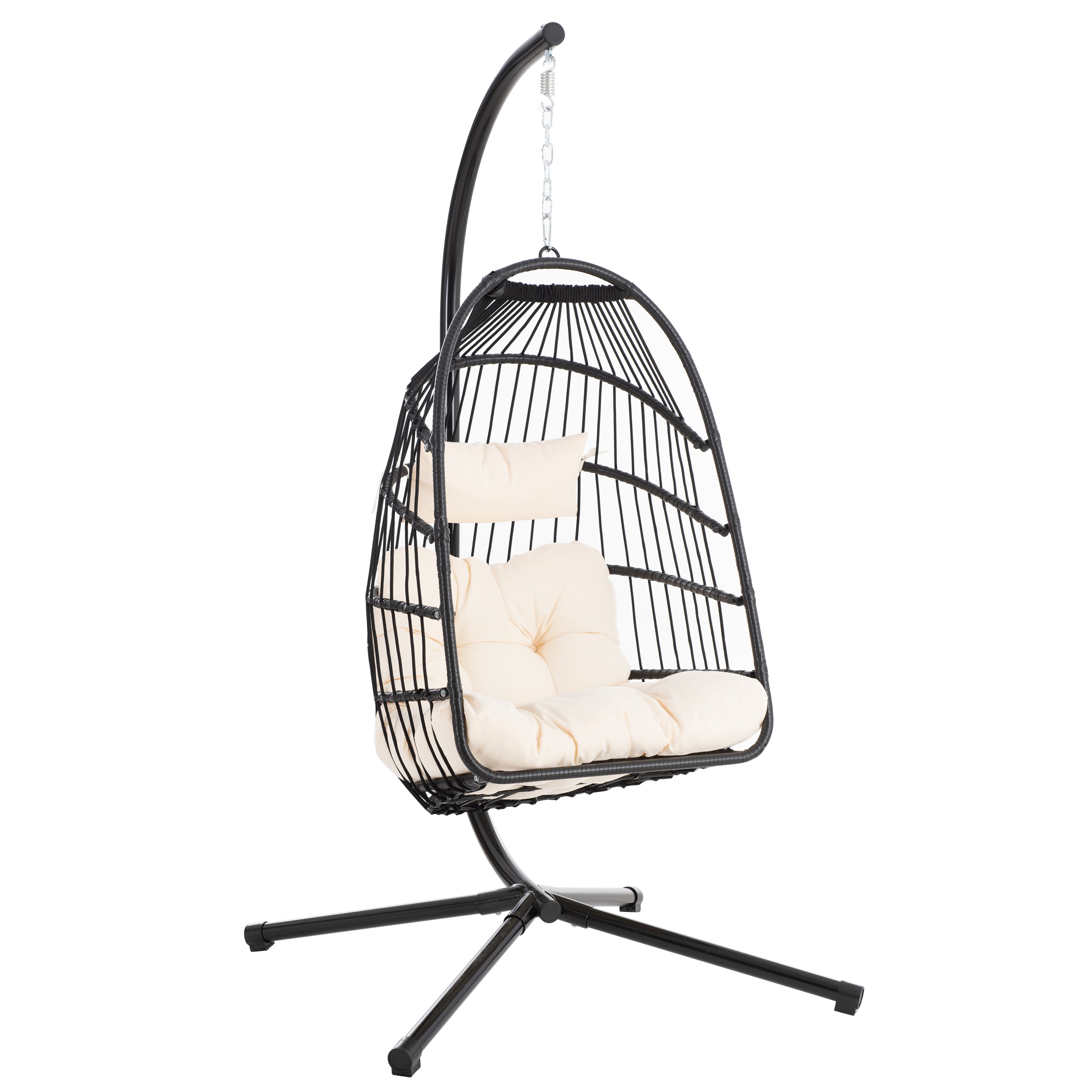 TOPMAX Patio Foldable Swing Chair Porch PE Wicker Egg Hanging Chair Hammock Chair w/Stand and Cushion for Outdoor Balcony Indoor Bedroom, Beige - Atlantic Fine Furniture Inc