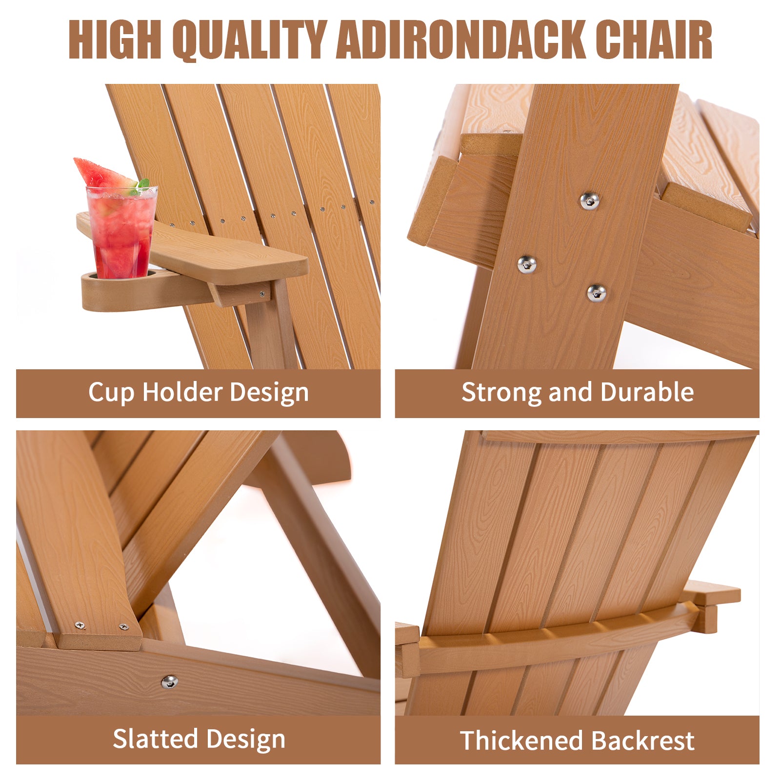 TALE Adirondack Chair Backyard Outdoor Furniture Painted Seating with Cup Holder All-Weather and Fade-Resistant Plastic Wood for Lawn Patio Deck Garden Porch Lawn Furniture Chairs Brown - Atlantic Fine Furniture Inc