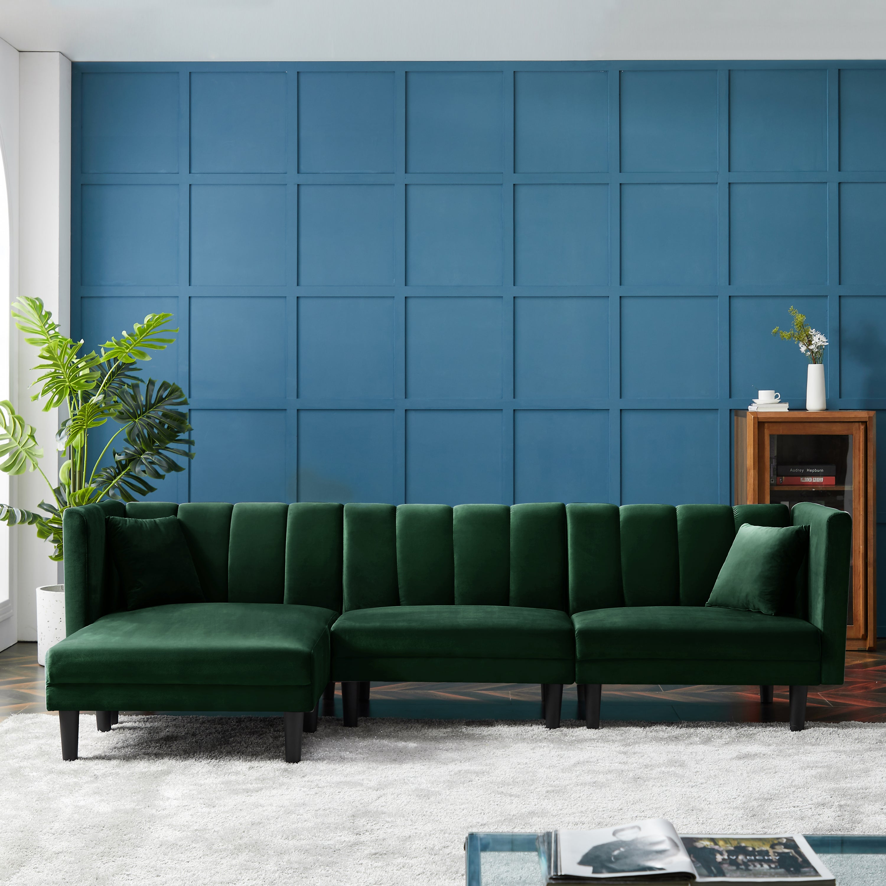 REVERSIBLE SECTIONAL SOFA SLEEPER WITH 2 PILLOWS DARK GREEN VELVET(W223S00093) - Atlantic Fine Furniture Inc