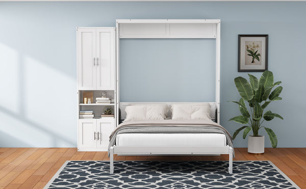 Queen Size Murphy Bed With 1 Side Cabinet Storage Shelf, 68-Inch Cabinet Bed Folding Wall Bed With Desk Combo Perfect For Guest Room, Study, Office, White