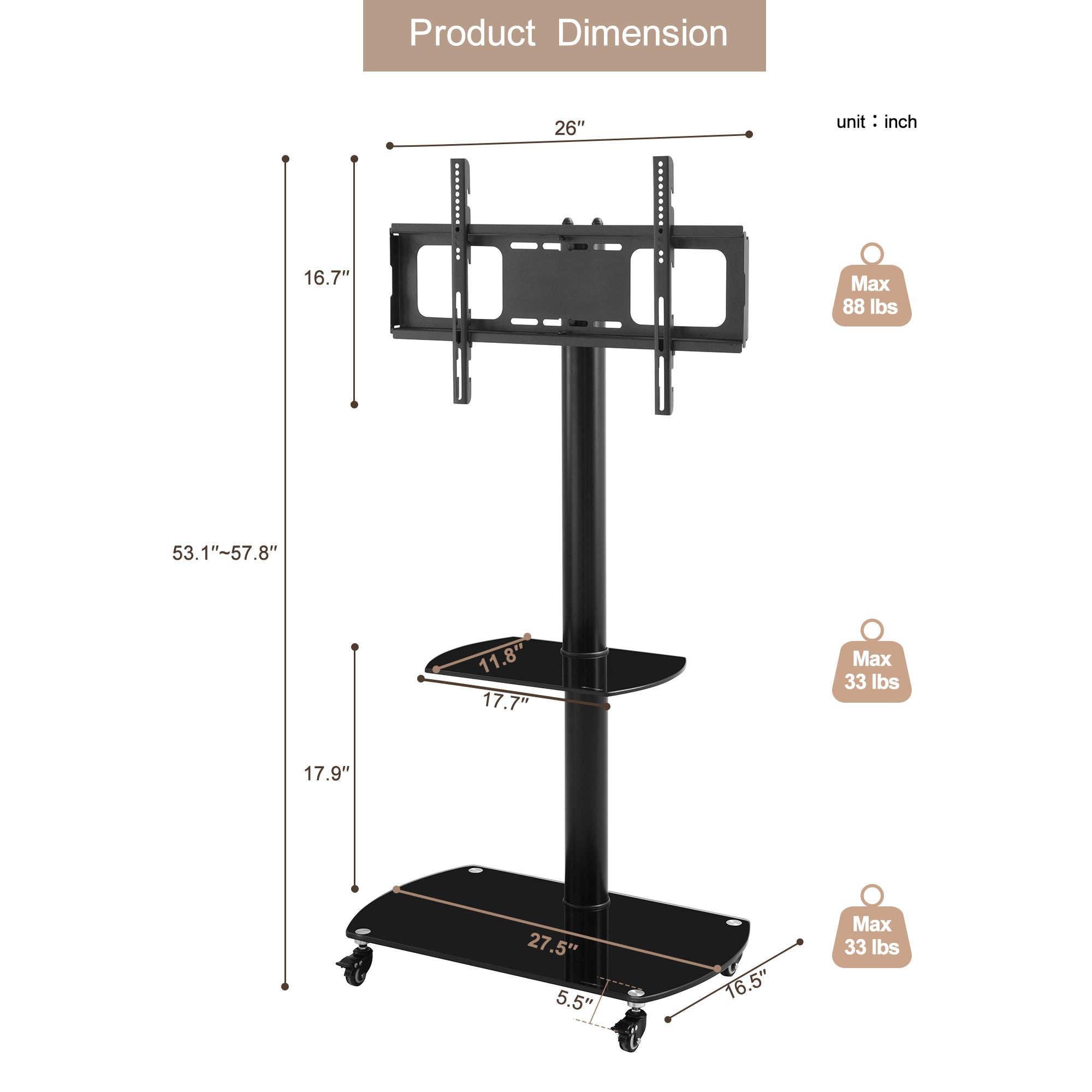 Height and Angle Adjustable Multi-Function Tempered Glass Metal Frame Floor With Lockable Wheels Mobile TV Stand, LCD/Plasma TV bracket 2 Tier Tempered Glass Shelves For Multiple Media Devices - Atlantic Fine Furniture Inc