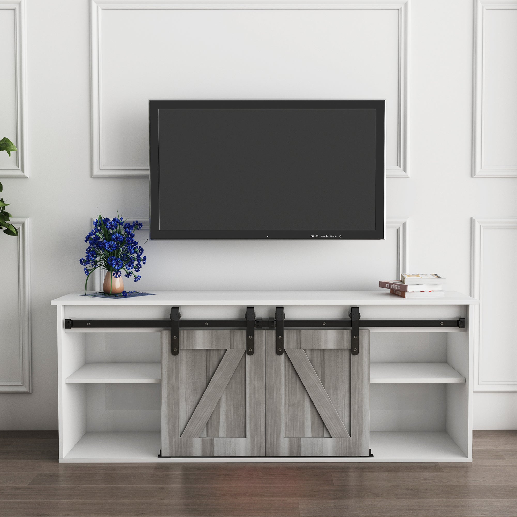 The television cabinet with an electronic fireplace,with Farmhouse Sliding Barn Door ,for TV up to +65 Inch Flat Screen Media Console Table Storage Cabinet Wood Entertainment Center Sturdy - Atlantic Fine Furniture Inc