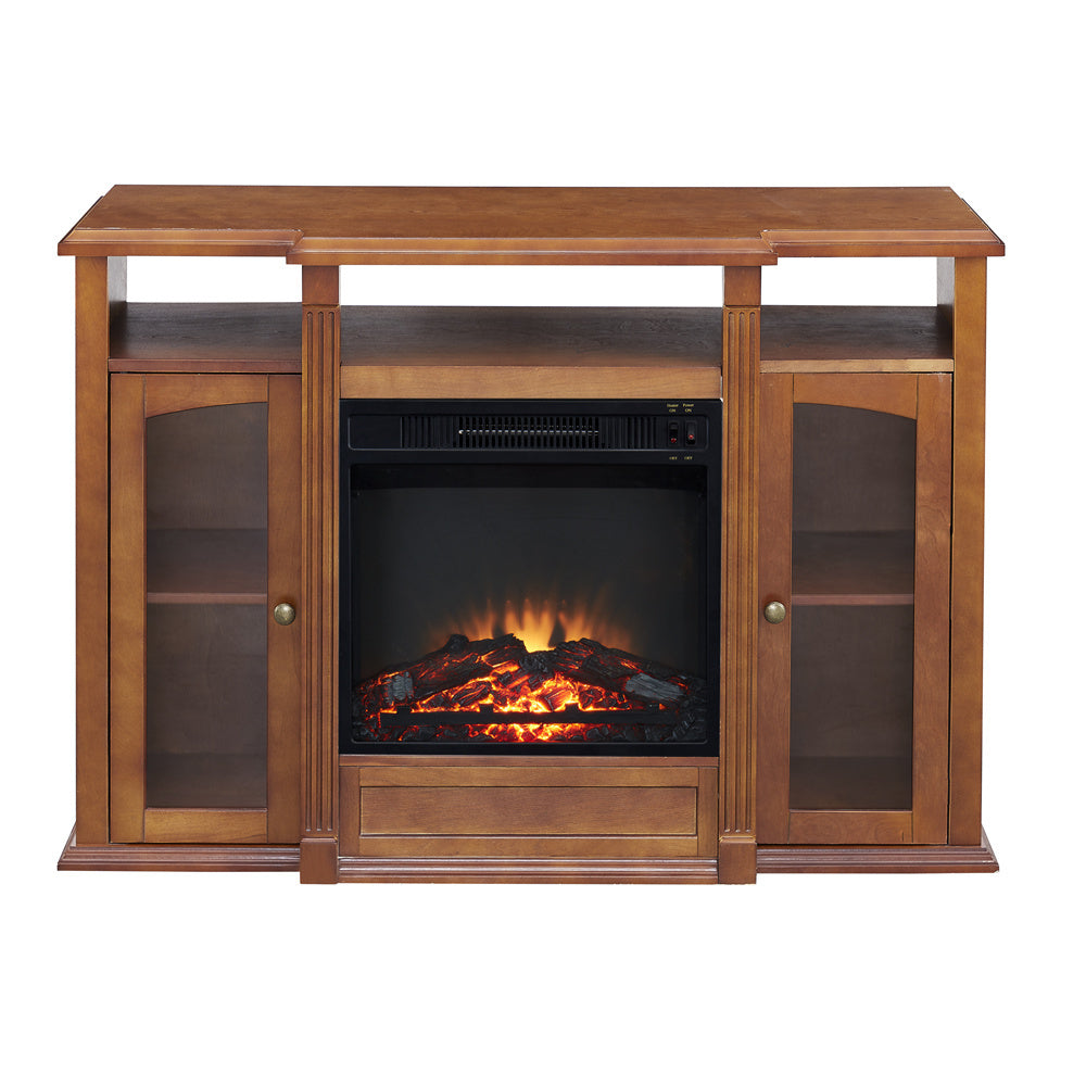 Modern Electric Fireplace TV Stand, Fit up to 55" Flat Screen TV with Two Tempered Glass Storage Cabinet and Adjustable Shelves Wood Veneer TV Console for Living Room, Cherry - Atlantic Fine Furniture Inc
