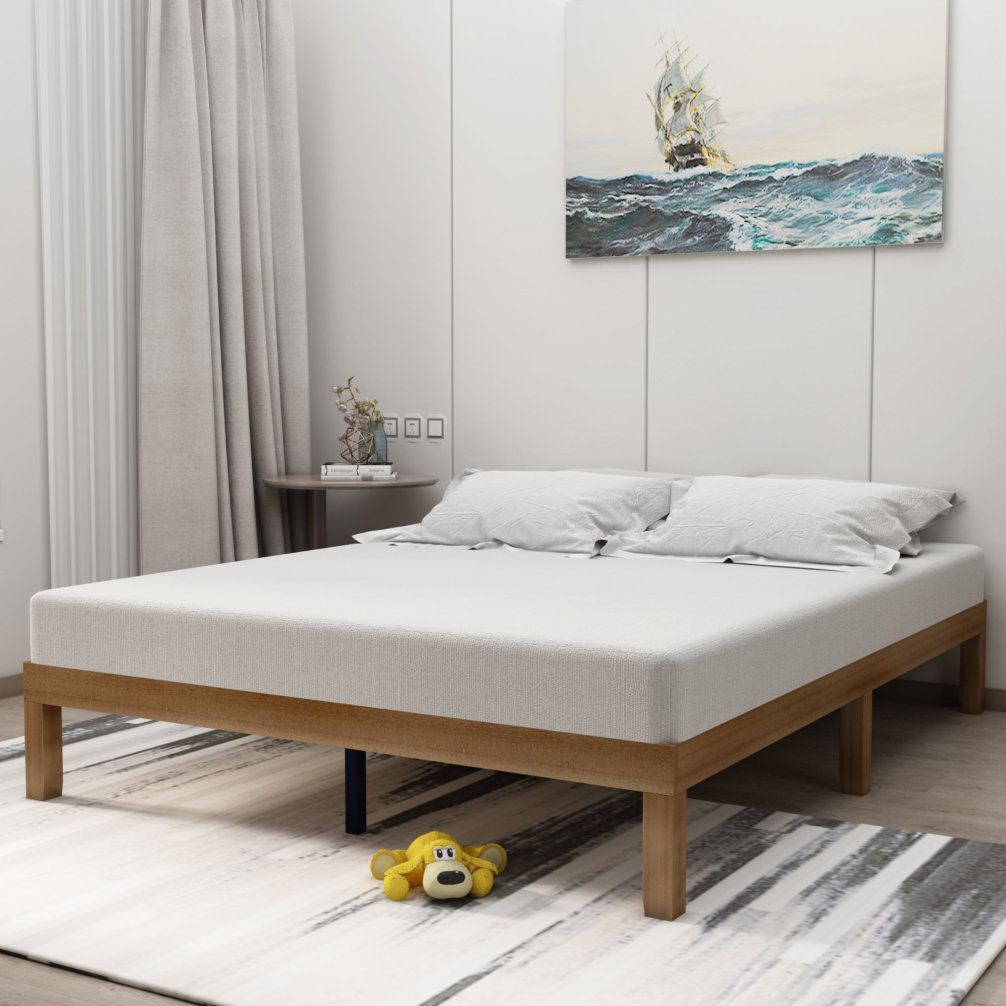 Queen Size Wood Platform Bed Frame,No Box Spring Needed,Strong Wood Slat Support, Easy Assembly - Atlantic Fine Furniture Inc