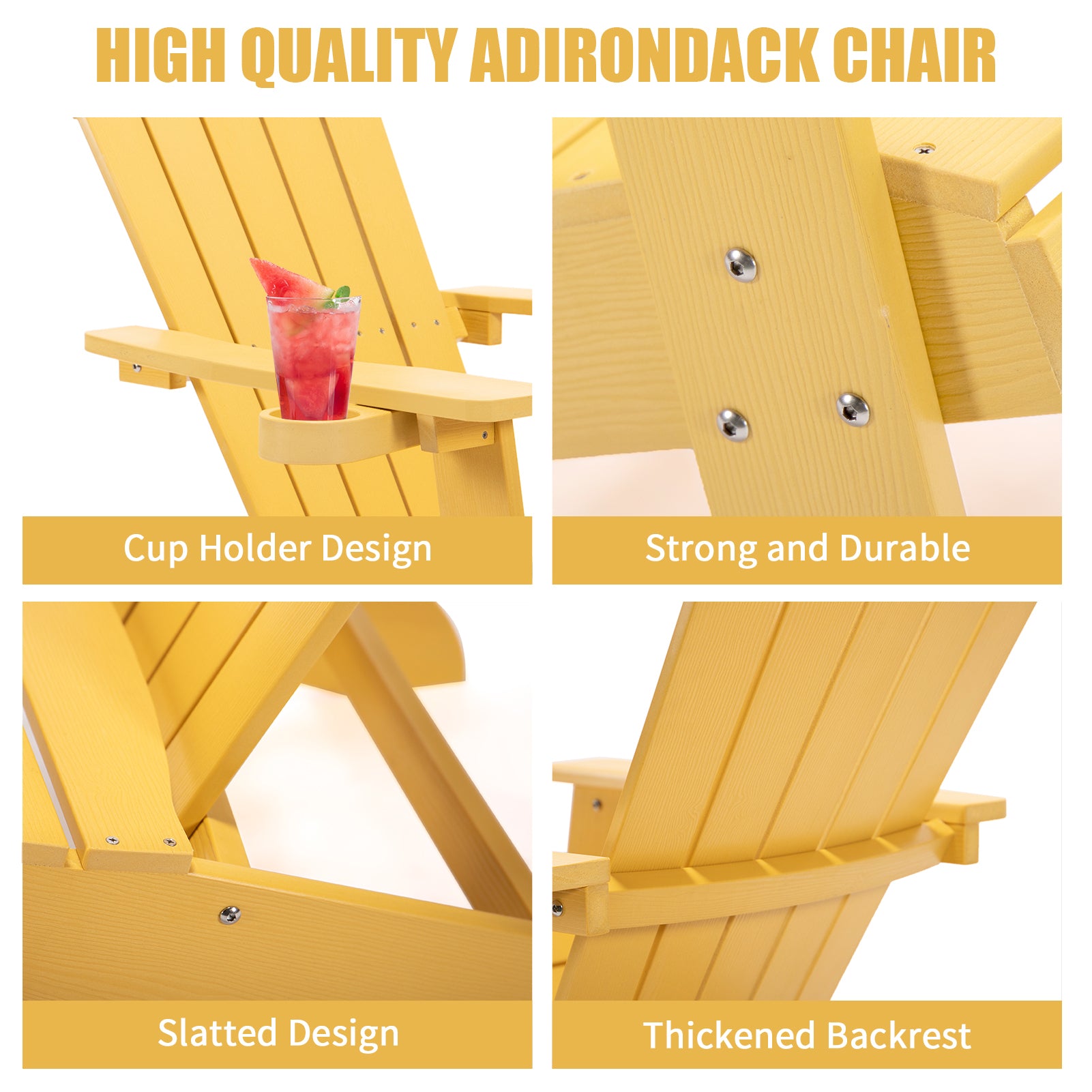 TALE Adirondack Chair Backyard Furniture Painted Seating with Cup Holder All-Weather and Fade-Resistant Plastic Wood for Lawn Outdoor Patio Deck Garden Porch Lawn Furniture Chairs Yellow - Atlantic Fine Furniture Inc