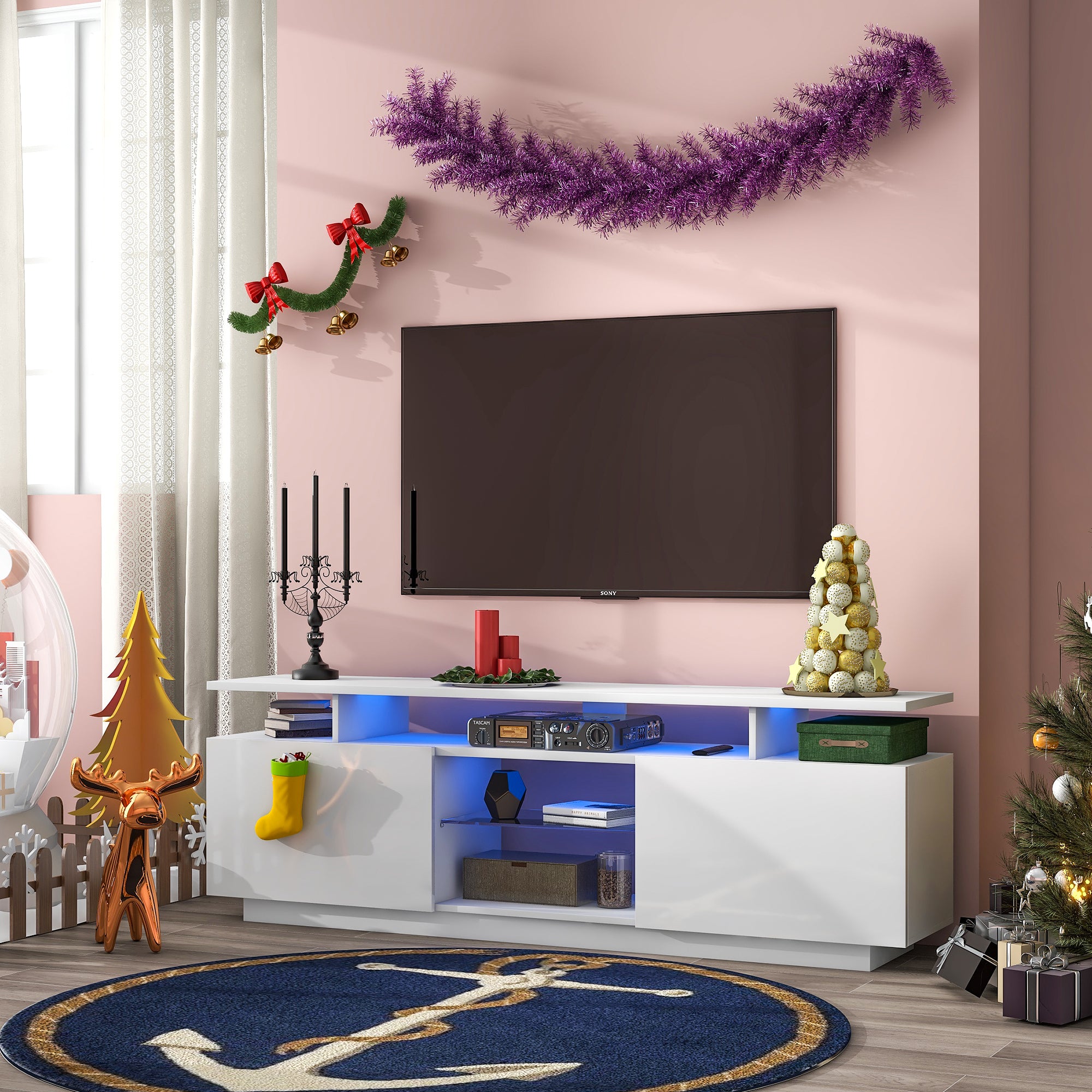 ON-TREND Modern TV Stand for TVs up to 65inches with LED lights, 16 Colors, for Livingroom, Bedroom, White (OLD SKU: WF280706AAK) - Atlantic Fine Furniture Inc